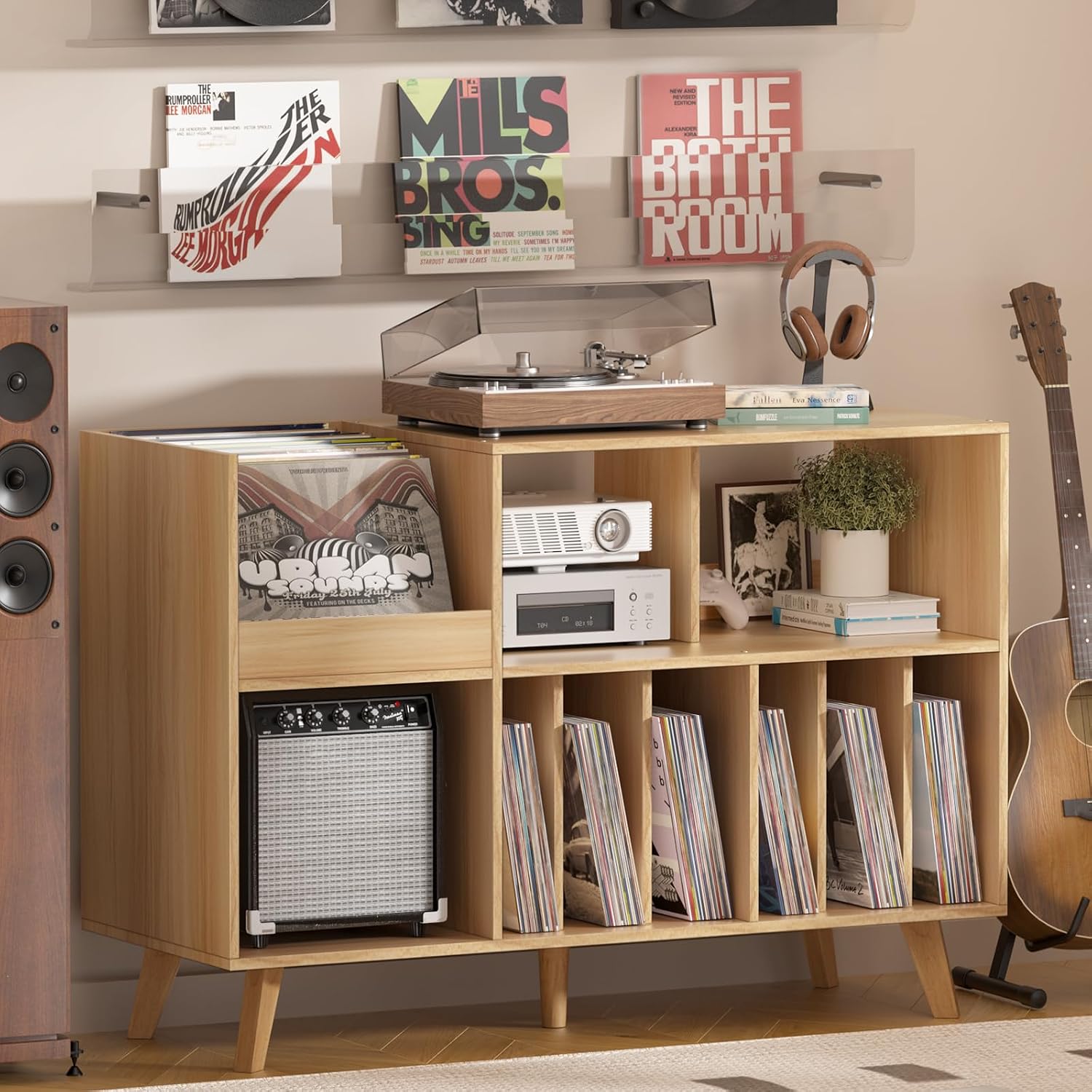 LELELINKY Large Record Player Stand, 48''Turntable Stand with Storage, Vinyl Record Holder with Display Area, Record Player Table Holds Up to 450 Albums, Record Stand for Music Room Living Room