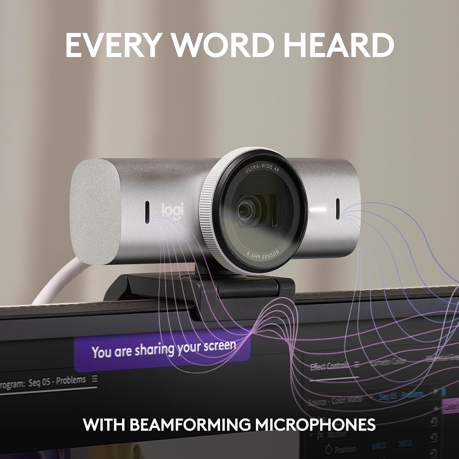 Logitech MX Brio Ultra HD 4K Collaboration, Streaming Webcam, 1080p at 60 FPS, Show Mode, Works with Microsoft Teams, Zoom, Google Meet, Nintendo Switch 2 New GameChat - Pale Gray