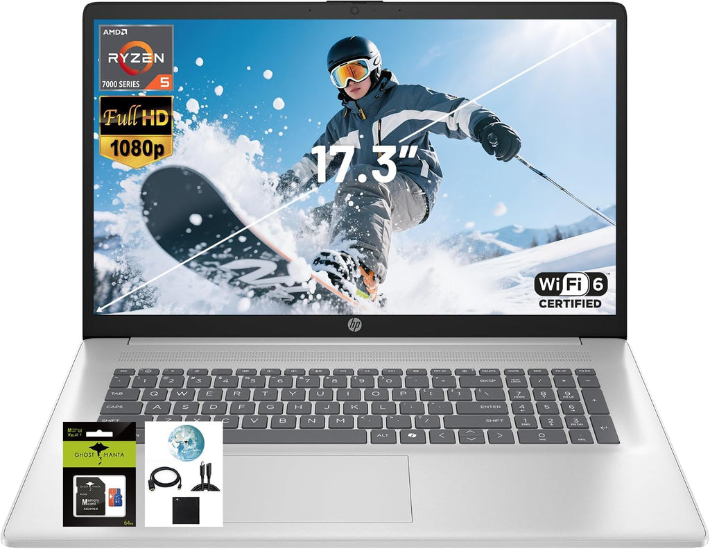 HP 17.3' FHD IPS Laptop, Quad Core AMD Ryzen 5 7520U (Beat i7-1255U) 8GB DDR5 RAM 1TB SSD, Business-Student Laptop with Copilot AI Fast Charge Private Webcam Wifi6 Win11, w/GM Accessory