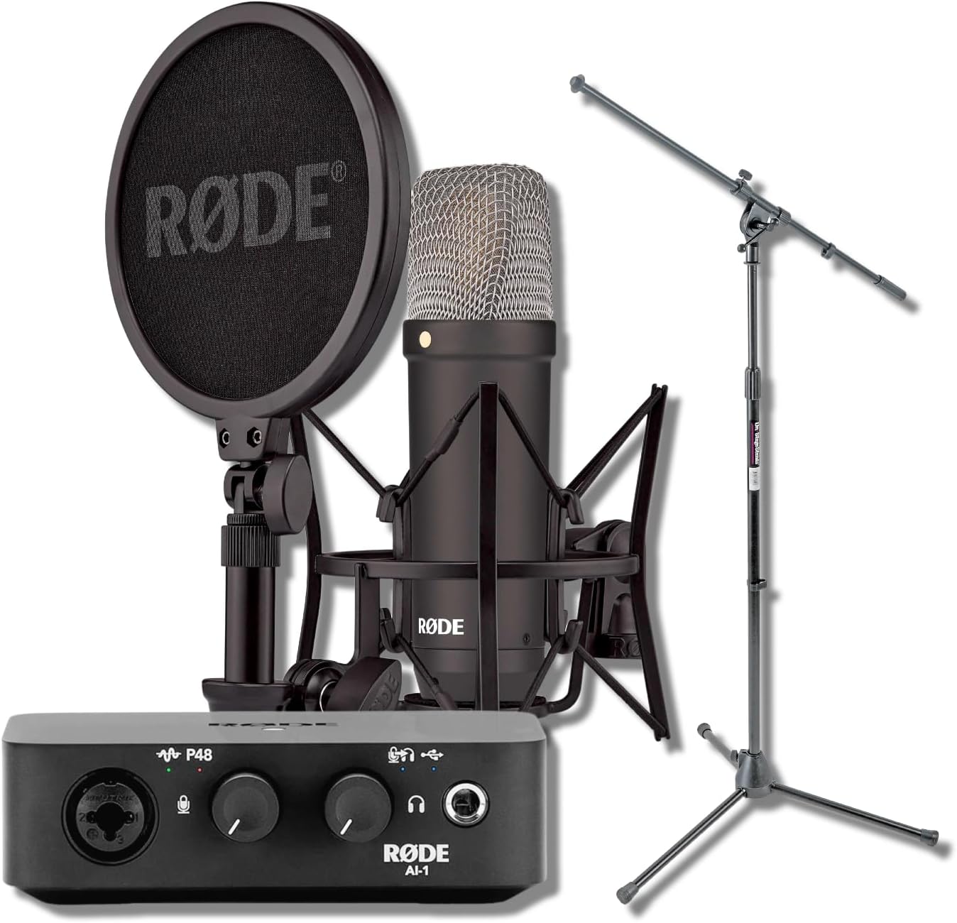 Rode NT1 Signature Black Condenser Mic Home Studio Bundle with Ai-1 USB-C Audio Interface and MS7701B Tripod Stand — 24-Bit Zero-Latency XLR Mic for Singing, Vocal Recording, Podcasting, Voice Over
