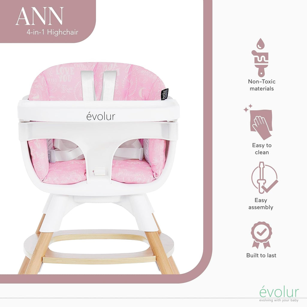 Evolur Ann Beechwood 4-in-1 Highchair | 360 Seat Rotation | Booster seat | Floor Chair | Bar Stool Chair | 5 Point Safety Harness | Pink