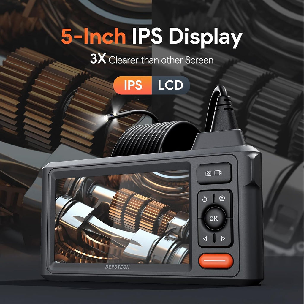 DEPSTECH 50ft Sewer Camera, 1080P HD Triple Lens Borescope, 5' IPS Screen Endoscope with Light, IP67 Waterproof Plumbing Drain Pipe Snake Inspection Camera with 32G Card, Carry Case