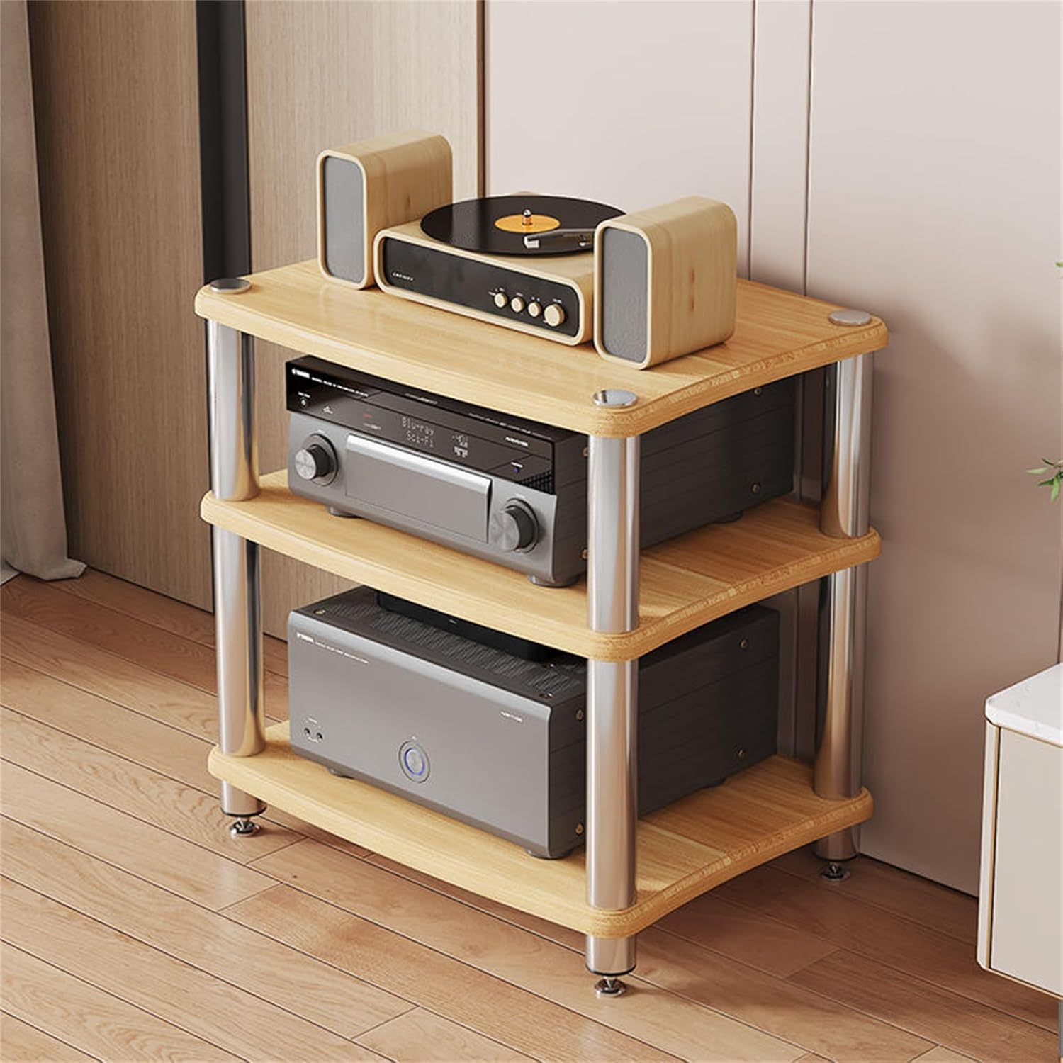 1/2/3/4 Tier Stereo Rack AV Media Stand with Shelves, Audio Rack Tower CD Record Player Stereo Receiver AV Equipment Cabinet Display Stand Media Audio Tower Cabinet,Wood,3 Tier