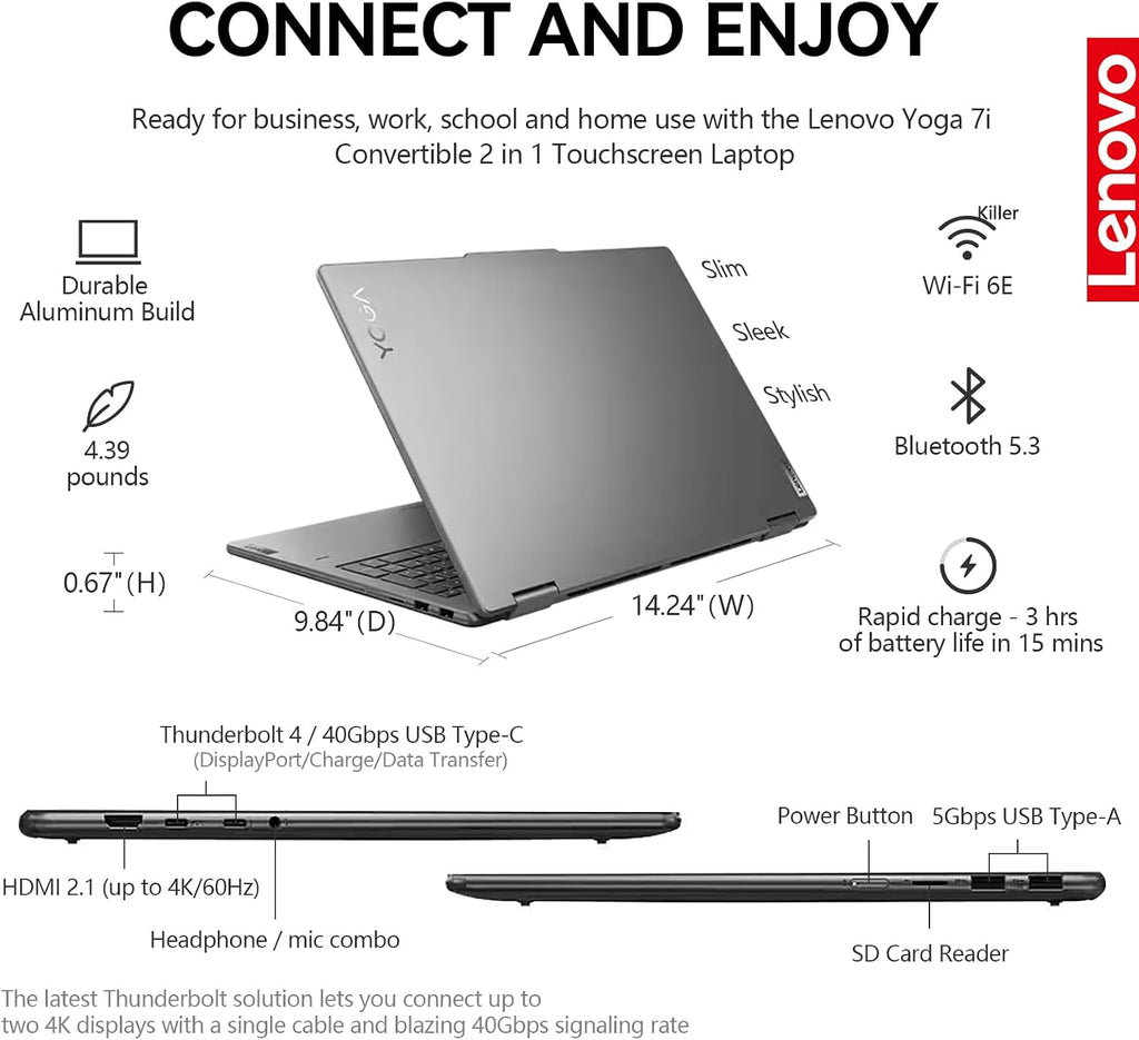 Lenovo Yoga 7i 2 in 1 Laptop Touchscreen, 16' FHD+ 360 Foldable Touch Screen Convertible, Intel Core Ultra 7, Windows 11 Pro Laptop PC, 16GB DDR5 RAM 512GB SSD, Backlit 10-Key, Fingerprint