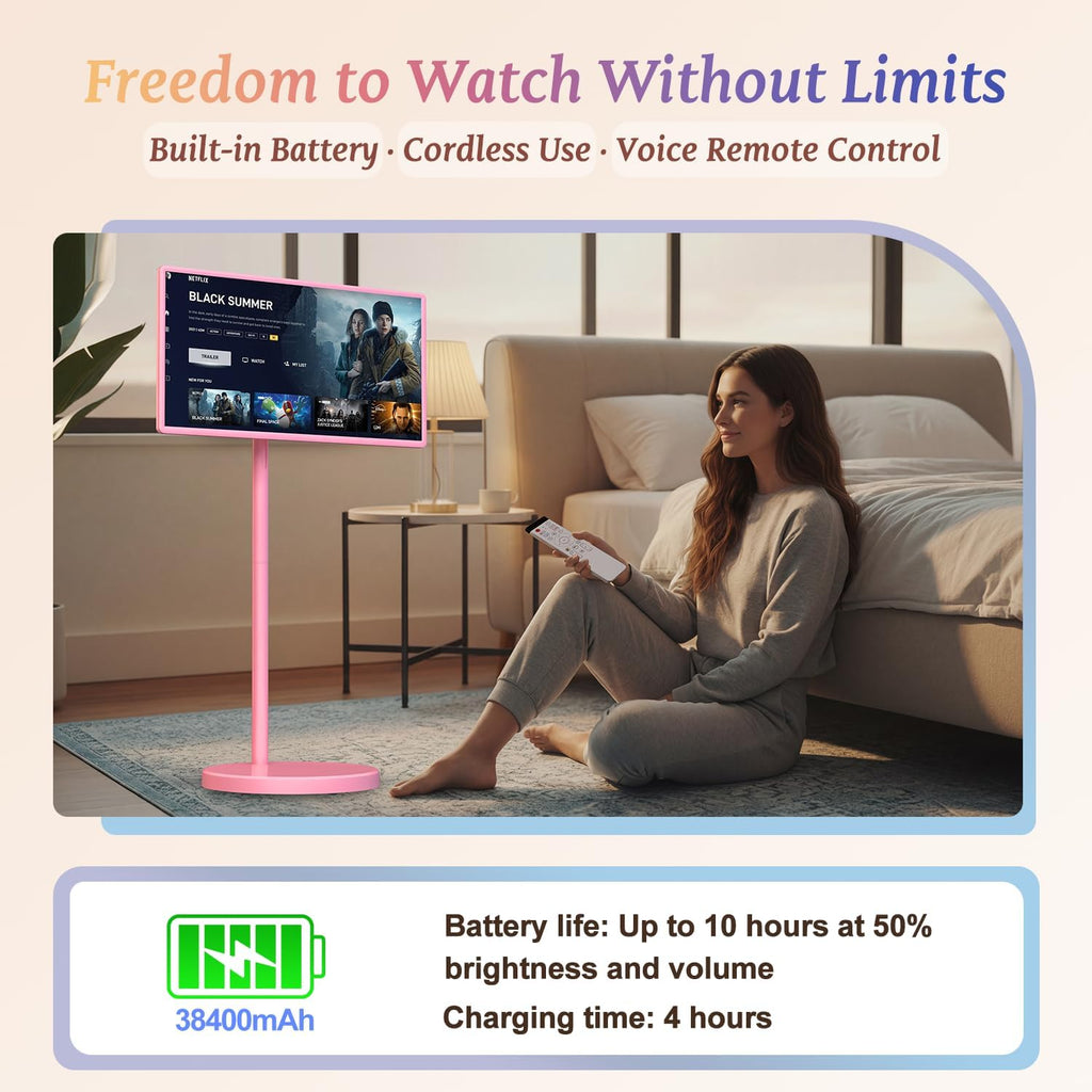 32 Inch Portable Smart TV | 1080P Touch Screen | Android 15 8G+128GB Storage | Movable Monitor on Wheels | 5MP Camera | 38,400 mAh Battery | Voice/Airmouse Remote Control | Versatile Rotatable Display