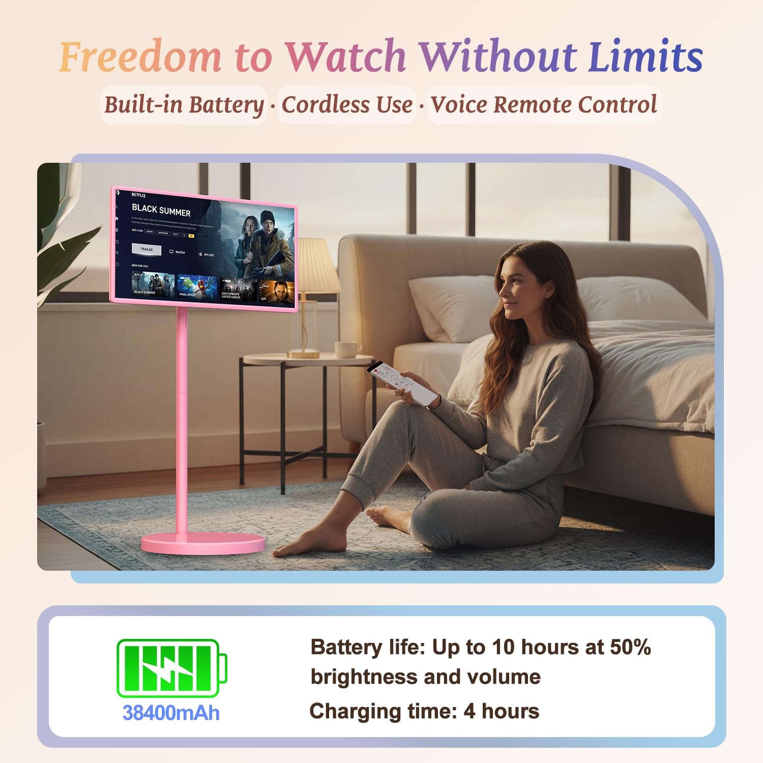 32 Inch Portable Smart TV | 1080P Touch Screen | Android 15 8G+128GB Storage | Movable Monitor on Wheels | 5MP Camera | 38,400 mAh Battery | Voice/Airmouse Remote Control | Versatile Rotatable Display