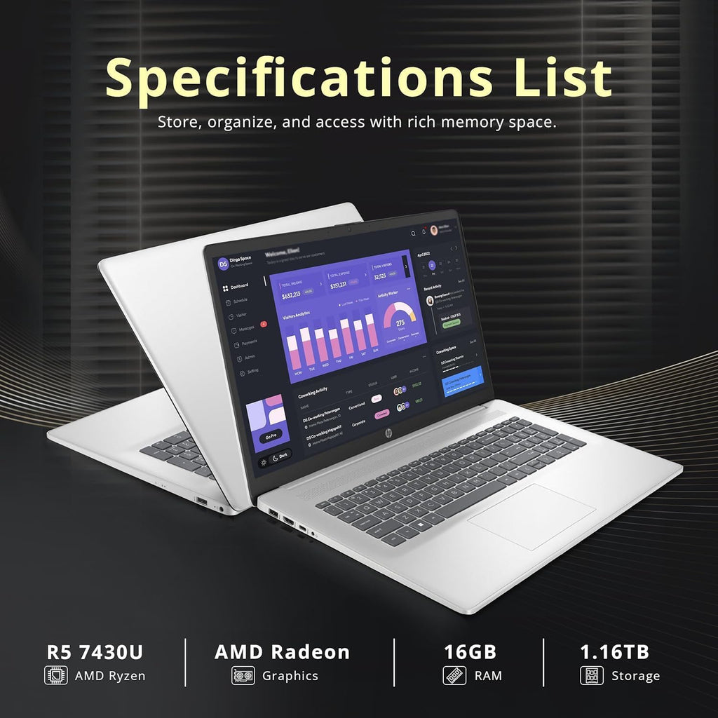 HP 17.3' FHD Laptop for Business and Students - with External CD/DVD Drive & Office Lifetime License, AMD Ryzen 5 7430U (6-core), 250 Nits IPS Display, Webcam, Wifi6, Win 11 Pro (64GB RAM | 2TB SSD)