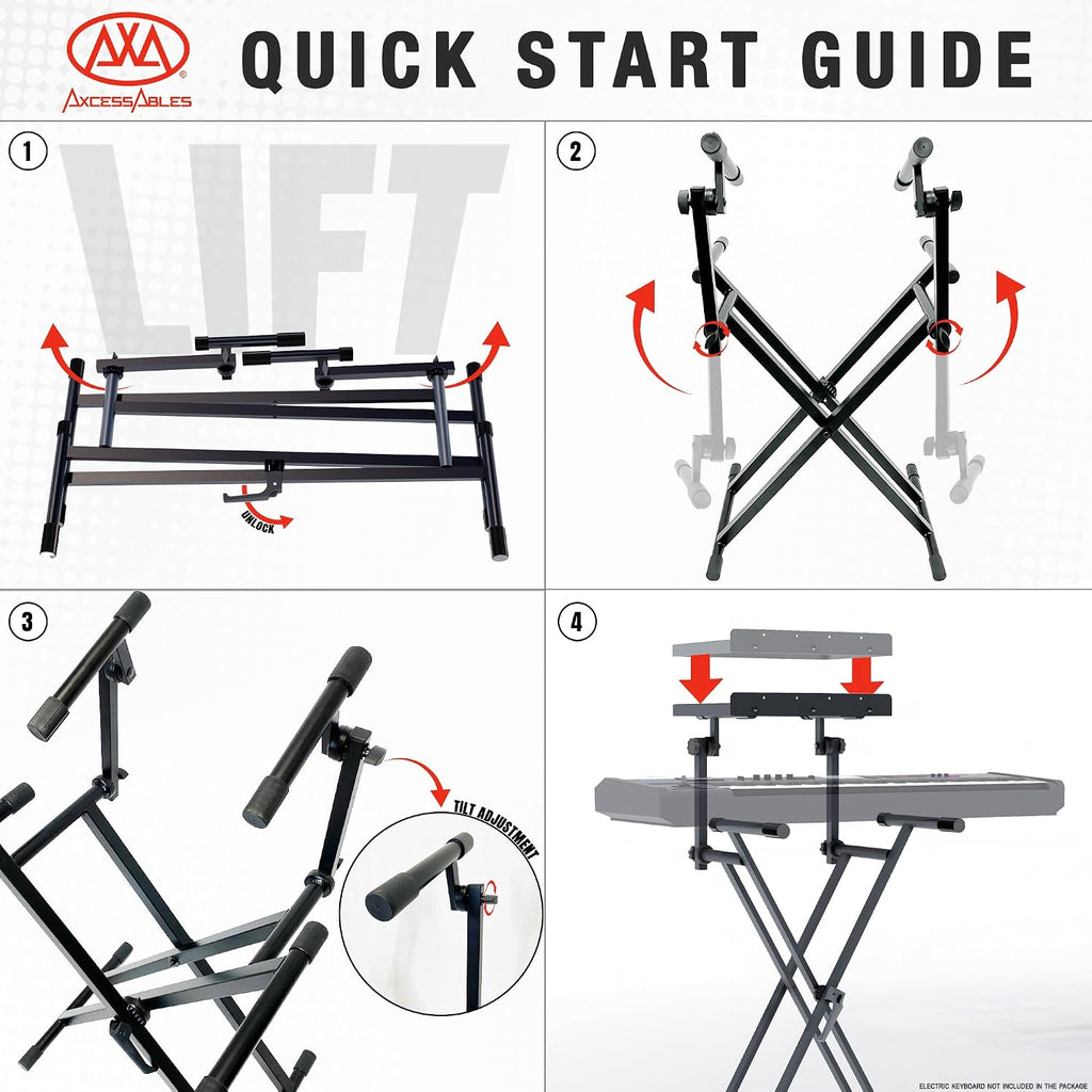 AxcessAbles Dual Piano Keyboard Stand with 2nd Tier – X Style Adjustable and Portable Heavy Duty 2 Tier Stand for Synths, Laptops, Tablet, Sheet music and Digital Keyboards – Fits 54, 61, 64, 88 Key Pianos. Electric Piano and Sheet Music Stand