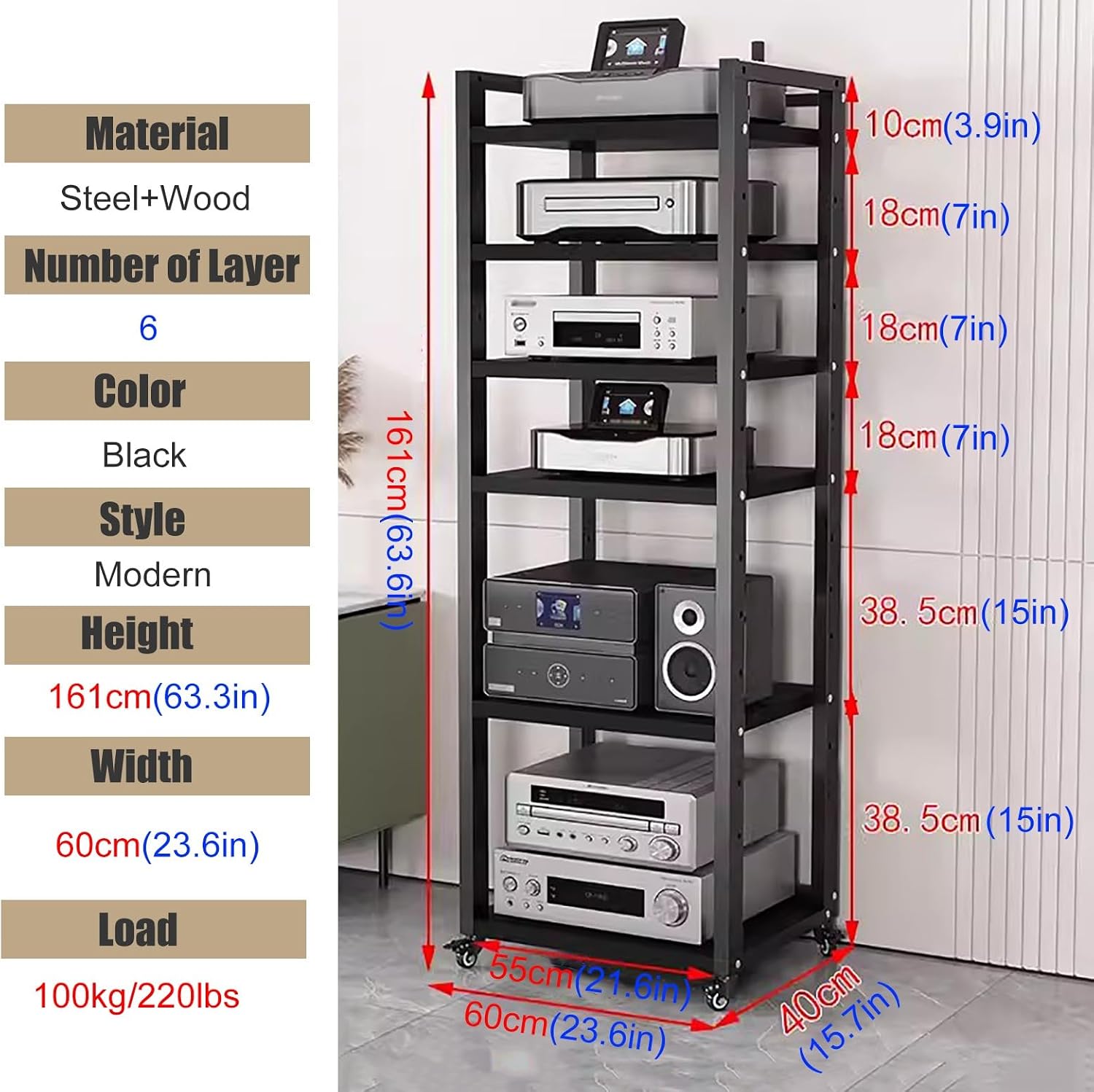 Tall Stereo Racks And Stands on Wheels Media Storage Cabinet Rack, Black Modern Entertainment Stereo Components Stand, Audio Video Equipment Rack（6 tier-60cm wide）