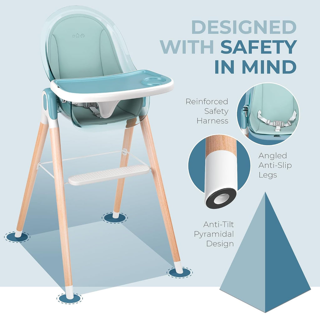 6 in 1 Deluxe Wooden High Chair for Babies & Toddlers, Modern Safe & Compact Baby Highchair, Easy to Clean & Assemble Removable Tray & Cushion, 6 Options 3 Seat Positions 2 Heights