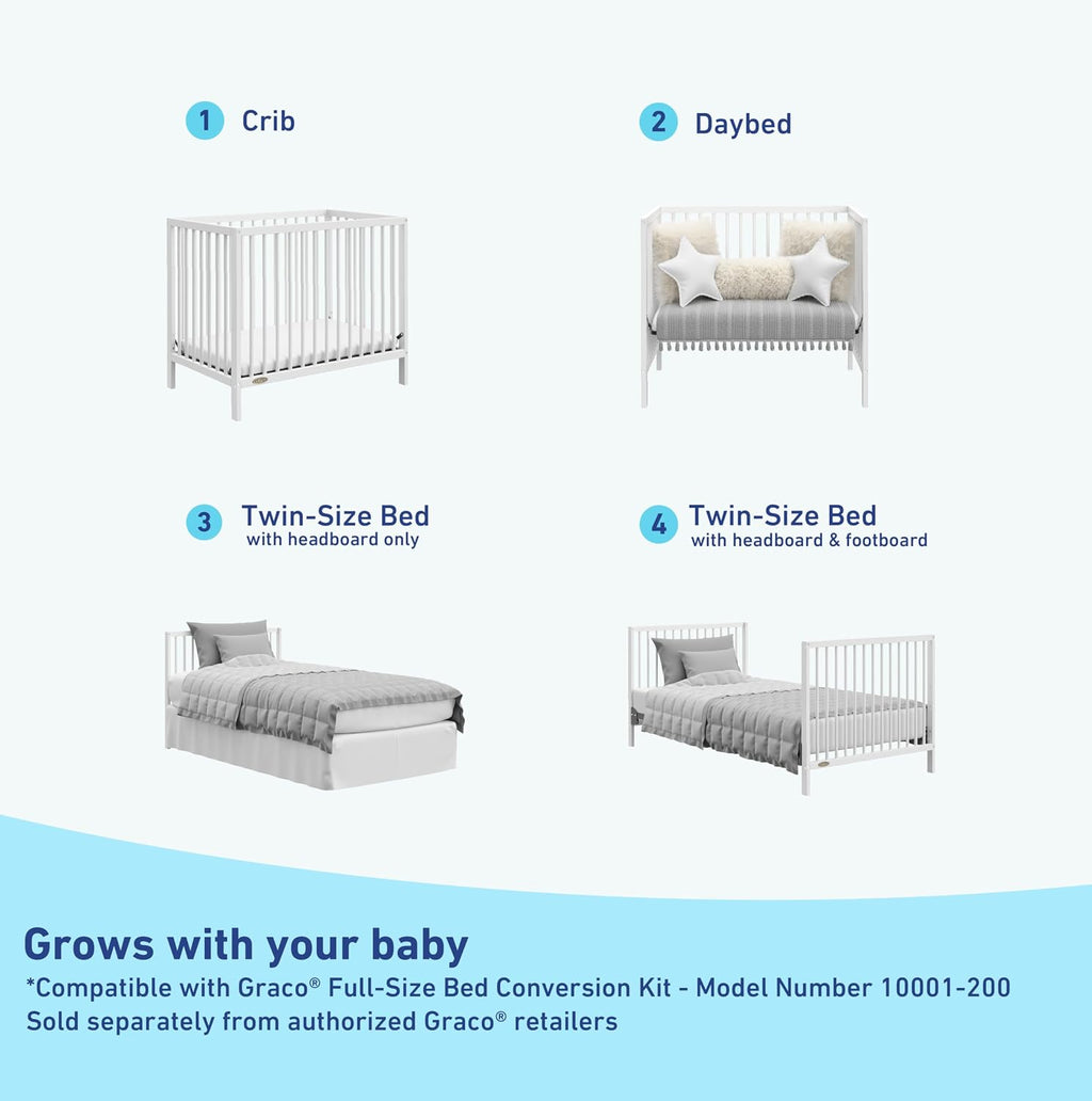 Graco Teddi 4-in-1 Convertible Mini Crib with Bonus Water-Resistant Mattress – GREENGUARD Gold Certified, 2.75-Inch Mattress Included, Small Spaces Crib, Easy 30-Minute Assembly (White)