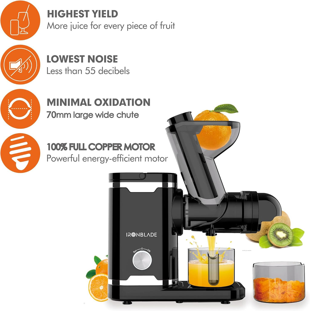 EMB Ironblade IBLJU30 Horizontal Slow Juicer, Quiet Motor, 70mm Wide Chute, Cold Press Juicer for High Juice Yield, Minimal Oxidation, Easy Clean-Up
