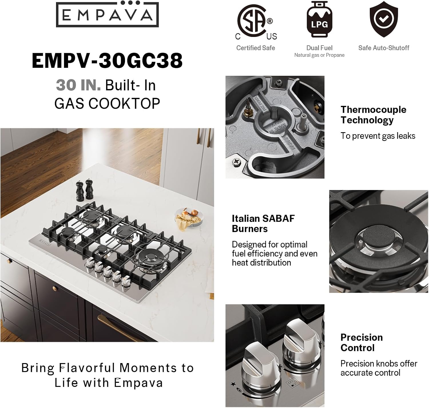 Empava 30-Inch Gas Stove Cooktop - 5 Italy SABAF Sealed Burner NG/LPG Convertible in Stainless Steel