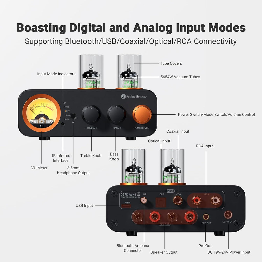 Fosi Audio MC331 Tube Integrated Amplifier with DAC, 2 Channel Home Audio Stereo Power Amp for HiFi Bookshelf Speakers/3.5mm Headphones, Vintage VU Meter Preamp with Bluetooth and USB/Opt/Coax/RCA
