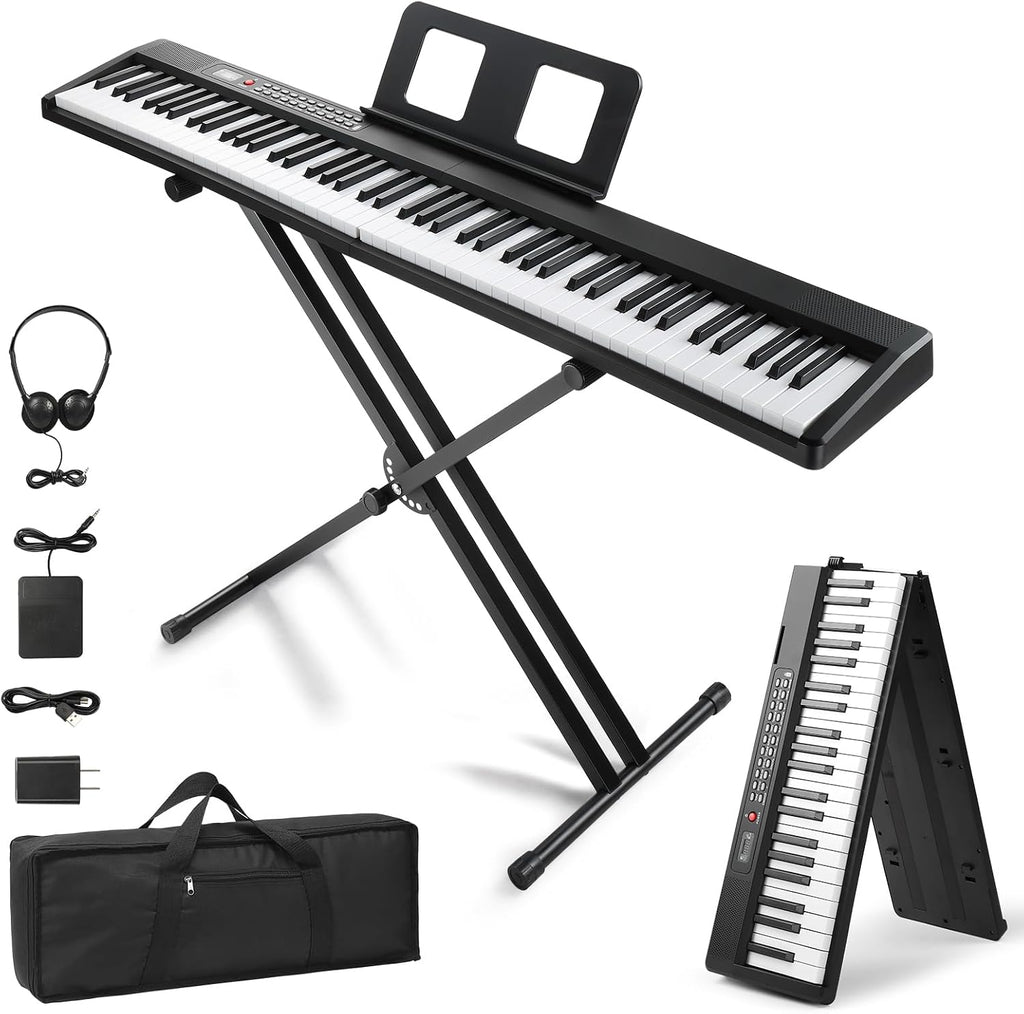 Ktaxon 88 Key Keyboard Piano Foldable Piano Keyboard with 1000 Rhythms, 1000 Tones and 50 Demos, Bluetooth Audio & MIDI, 3 Teaching & 2 Power Supply Modes, Full Equipment for Beginner (Full-Black)