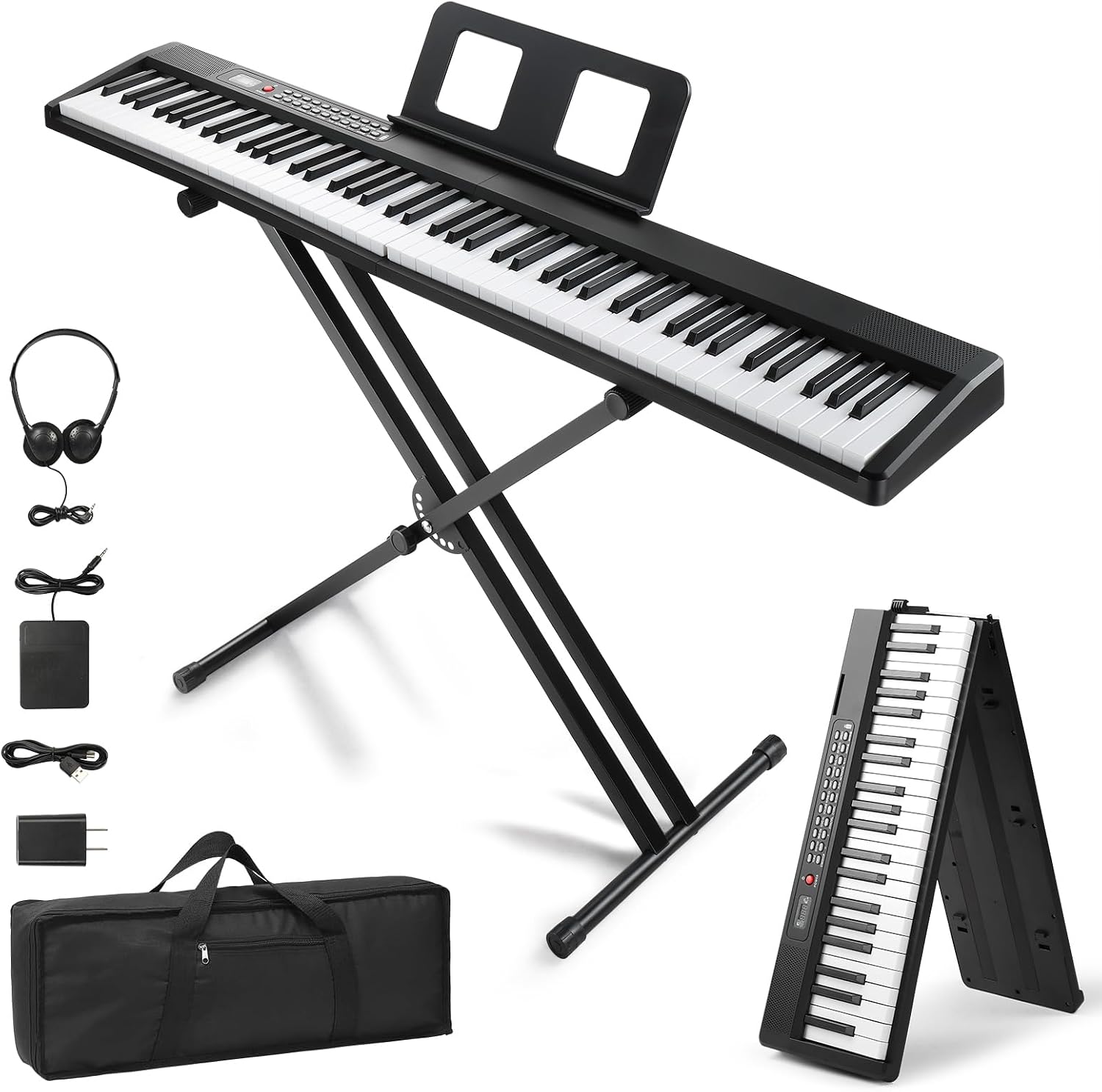 Ktaxon 88 Key Keyboard Piano Foldable Piano Keyboard with 1000 Rhythms, 1000 Tones and 50 Demos, Bluetooth Audio & MIDI, 3 Teaching & 2 Power Supply Modes, Full Equipment for Beginner (Full-Black)