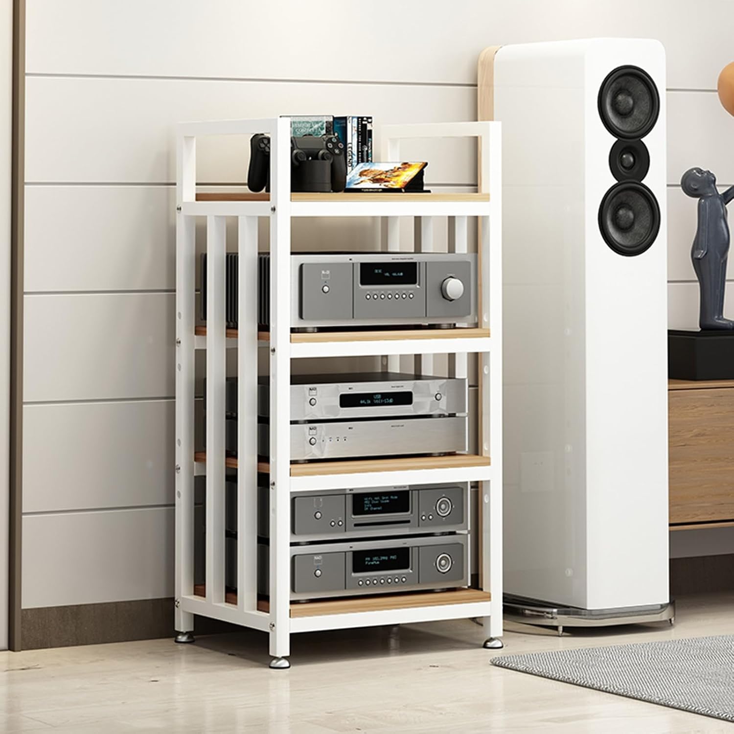 4-Tier DVD CD Player Stand - Wooden AV Media Cabinet with Stereo Rack for Home, Office & Theater - Audio Video Component Storage Solution