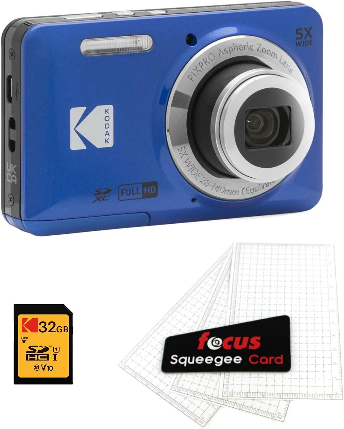 Kodak PIXPRO Friendly Zoom FZ55 Digital Camera (Blue) Bundle with 32GB Memory Card and Digital Camera LCD Screen Protectors (3 Items)