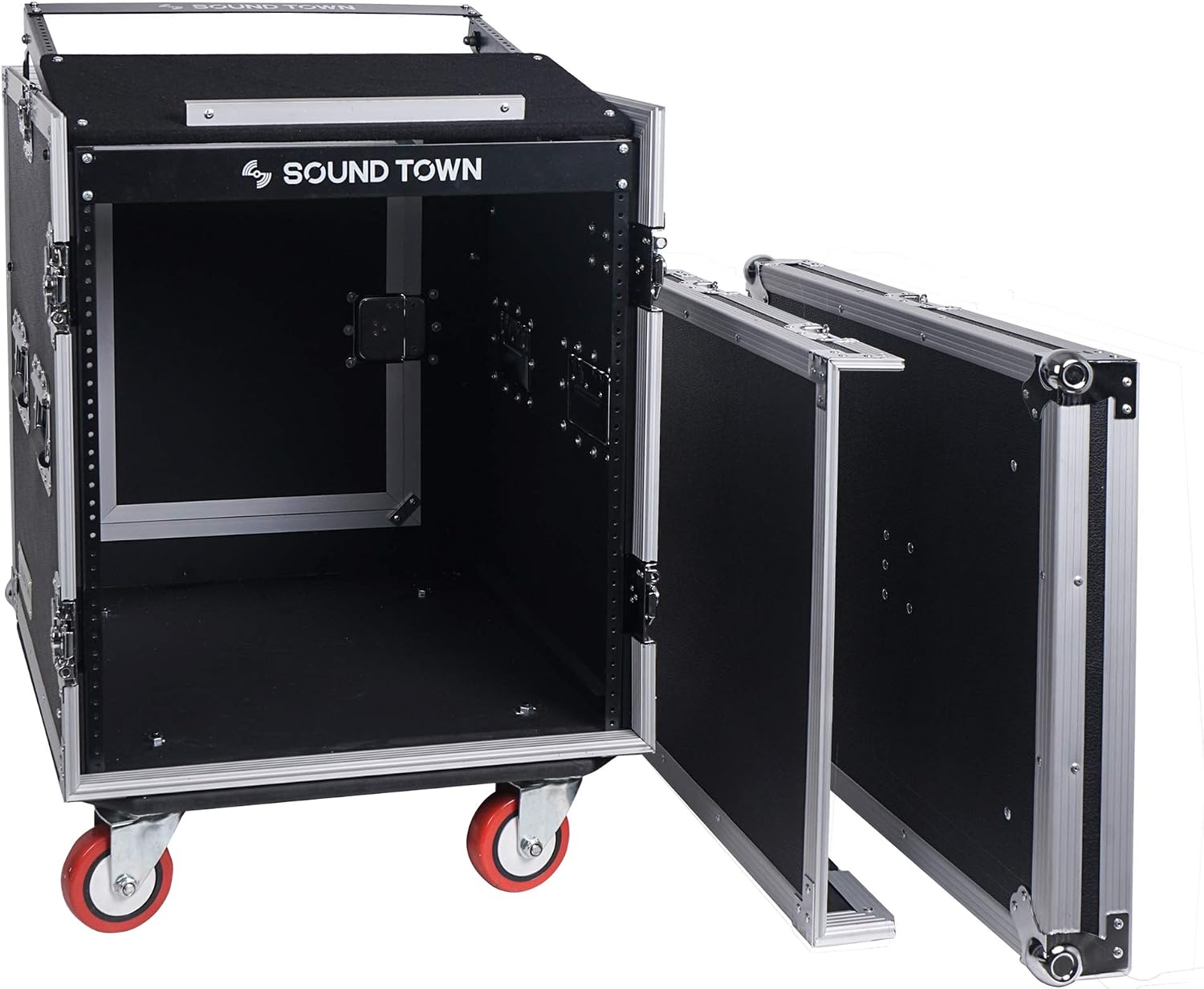 Sound Town Enhanced 1/2' (12mm) Plywood 12U PA DJ Rack/Road Case with 11U Slant Mixer Top, 20'' Rackable Depth, DJ Work Table and Casters, 12-Space ATA Case, Pro Tour Grade (STMR-S12UWT)