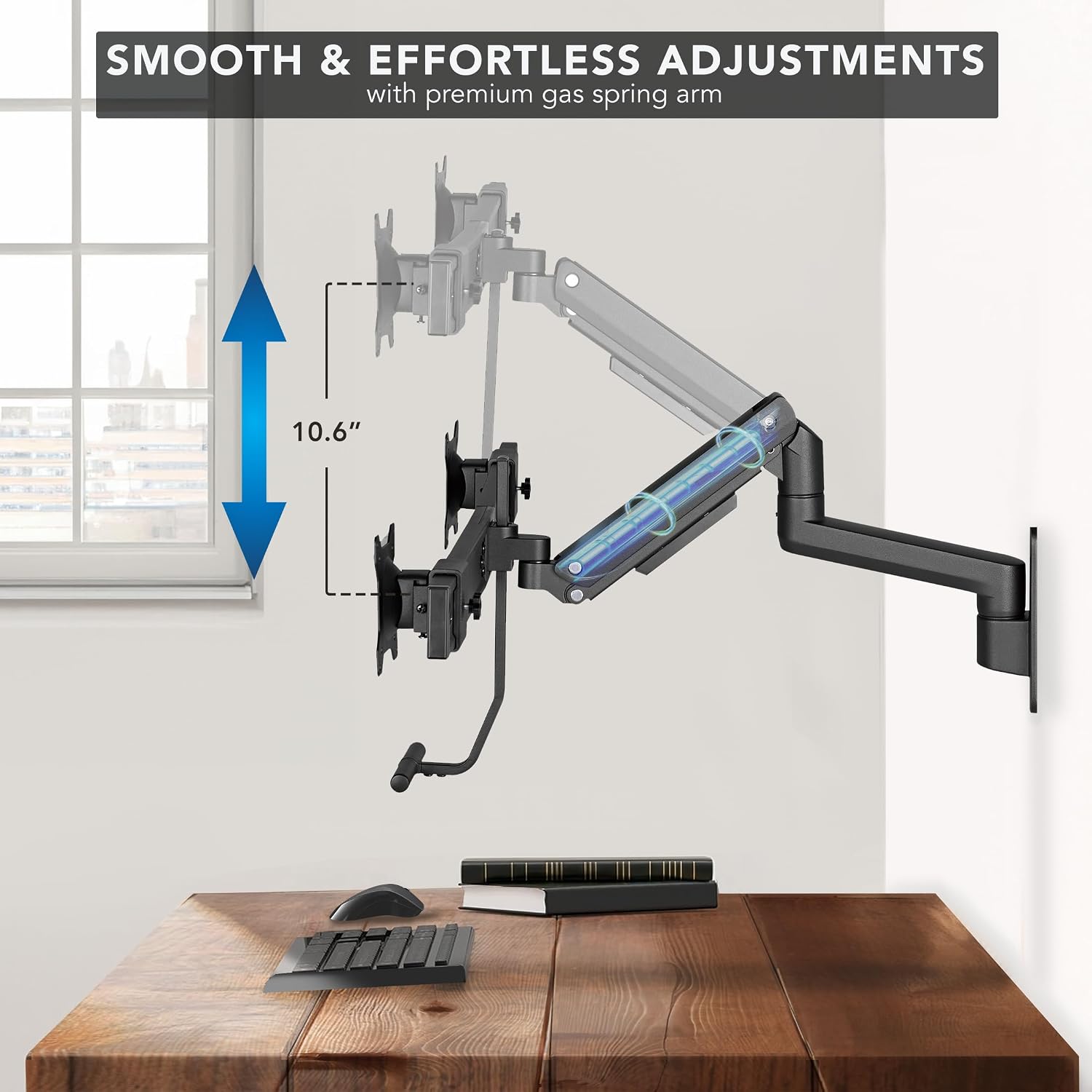 Mount-It! Proflex Dual Monitor Wall Mount, Gas Spring Arm with Crossbar, Fits 17–32″ Screens up to 19.8 lb Each, Height Adjustable Full Motion Tilt Swivel Rotate, VESA 75, 100 mm, Premium Setup