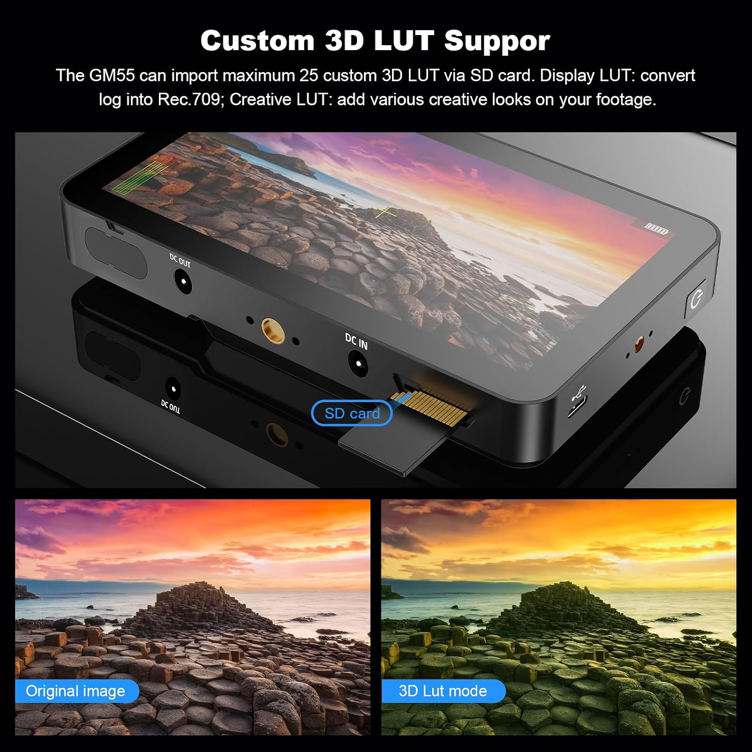 GODOX GM55 Touch Screen DSLR Camera Field Monitor 5.5 Inch 4K 410nit 4K HDMI in and Out Exposure Focus 3D LUT 160°Wide View Angle DC/Battery 8V/1.5A Powered 1920x1080 External Monitor