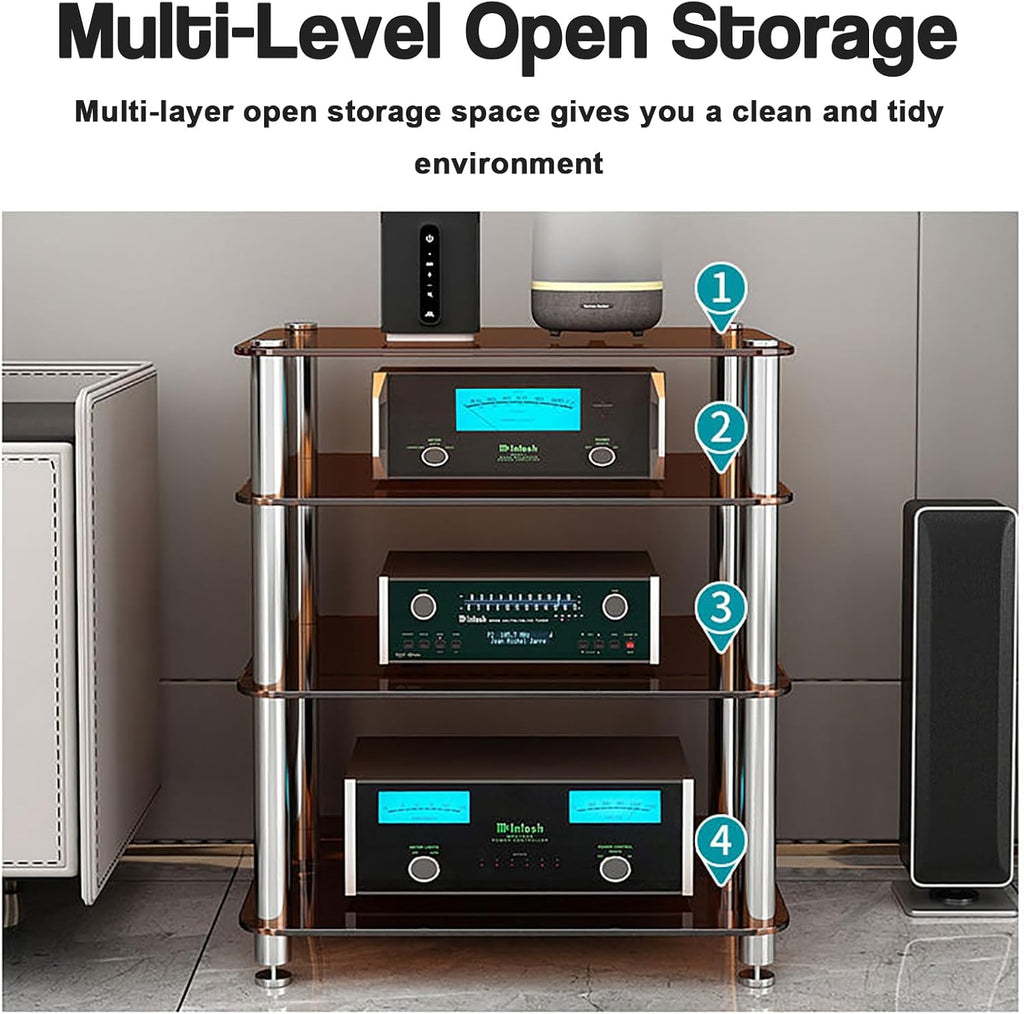 1/2/3/4 Tier Stereo Rack AV Media Stand with Tempered Glass Shelves, Audio Rack Tower CD Record Player Stereo Receiver AV Equipment Cabinet Display Stand,Brown,1 Tier