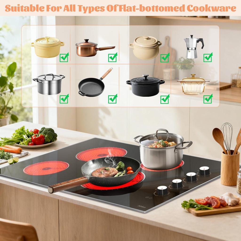 Electric Cooktop 30 Inch Hobsir, 4 Burner Electric Stove Top 6700W, Knob Control Built in Cook top, 30' Electric Stove Top Burner with Glass Protection Metal Frame, Double-ring burner, 220-240v