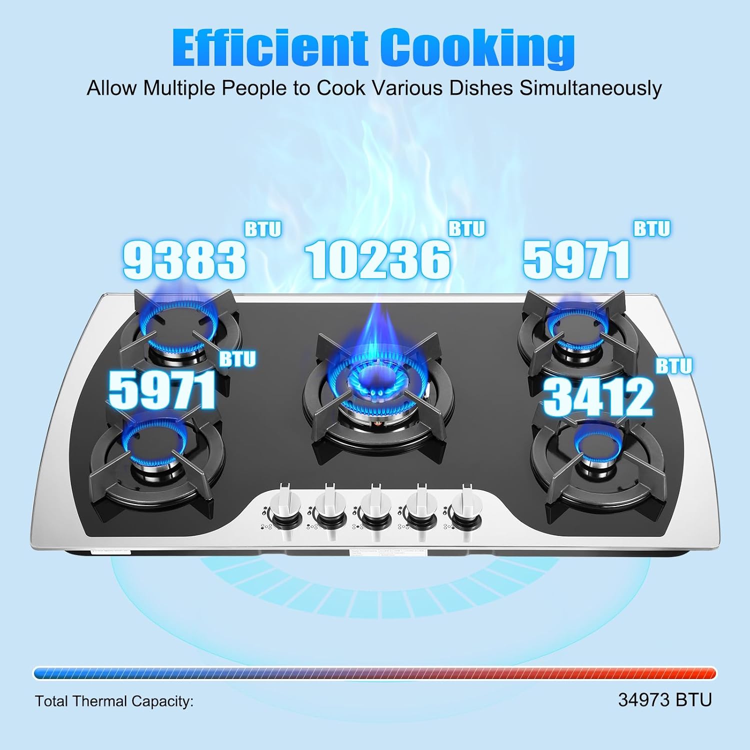 Gas Cooktop, 35''Tempered Glass Stovetop Cooker Built-In Gas Hob with 5 Burners NG/LPG Convertible Gas Cooktops for Kitchen, Home, Apartments, RVs (Style 2)