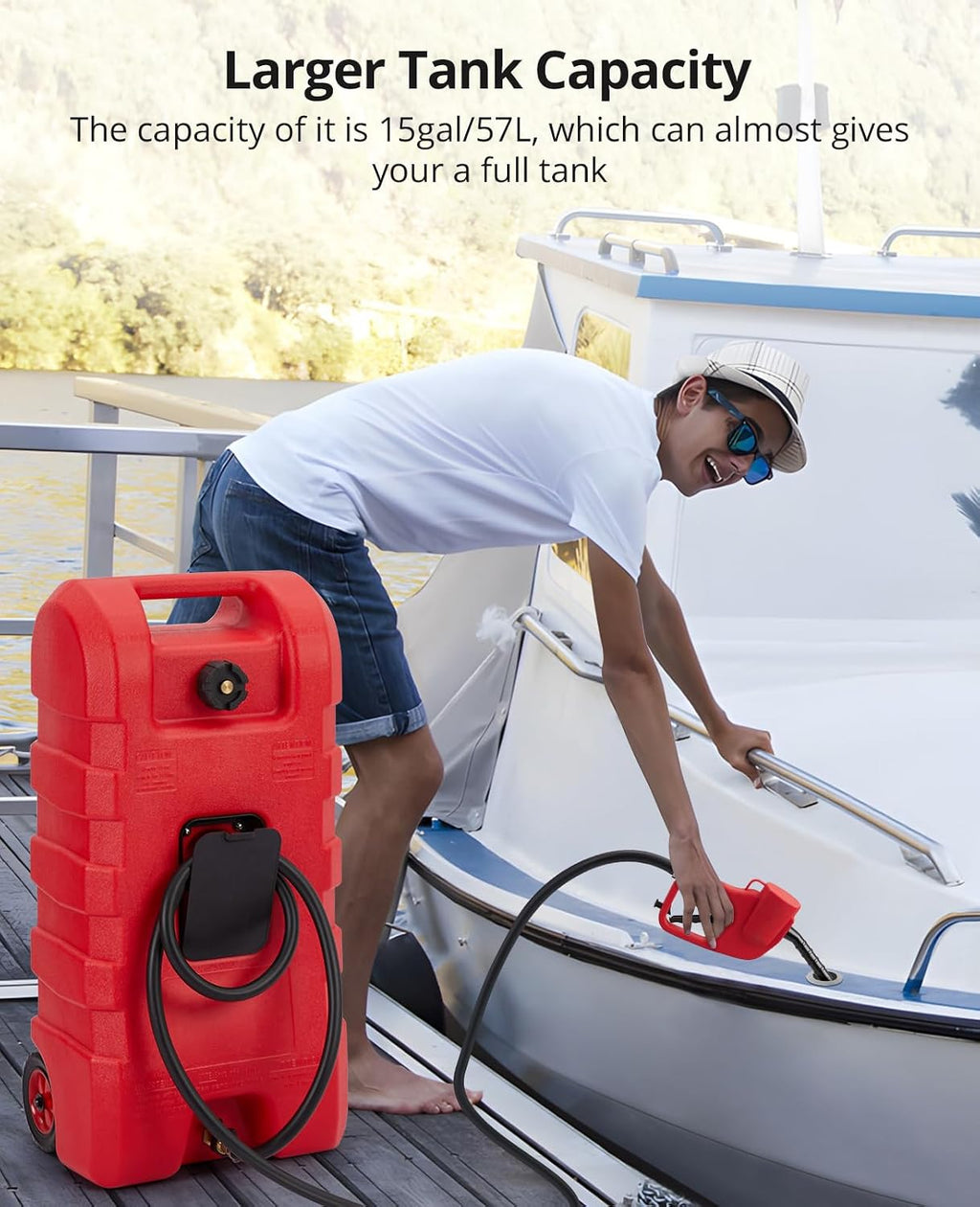 15 Gallon Portable Gas Tank with Caster,LE Fluid Transfer Siphon Pump,Fuel Caddy With 10Ft Hose. Delivery Hose Diesel Fuel Gas Can for Cars, Lawn Mowers, Boats Red/Gray/Yellow, Portable Diesel Can