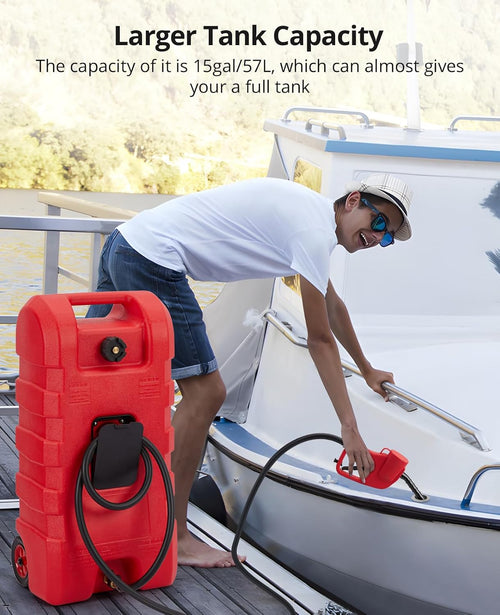 15 Gallon Portable Gas Tank with Caster,LE Fluid Transfer Siphon Pump,Fuel Caddy With 10Ft Hose. Delivery Hose Diesel Fuel Gas Can for Cars, Lawn Mowers, Boats Red/Gray/Yellow, Portable Diesel Can
