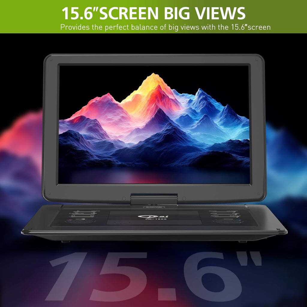 18' Portable DVD Player with Bluetooth Headset,15.6' HD Swivel Screen with Extra Carrying Bag,Support AV-in/Out and Multiple Disc Formats,High Volume Speaker,Black,[Not Support Blu-Ray]