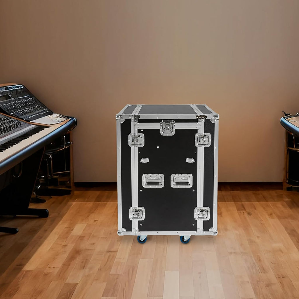 14U PA DJ Rack with 2 DJ Table Tops, 661LBS Recording Studio Racks Audio Equipment Cabinet, Mobile Stereo Rack with 4 Lockable Wheels for Studio/Wedding (14U)