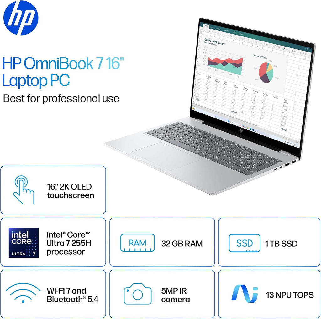 HP OmniBook 7 16' OLED Touchscreen Laptop, 2K 120Hz, Intel Evo Core Ultra 7 255H, Intel Arc 140T GPU, Copilot, Backlit Keyboard, Thunderbolt4, Wi-Fi7, Windows 11 (32GB DDR5 RAM | 1TB SSD | Win11 Home)