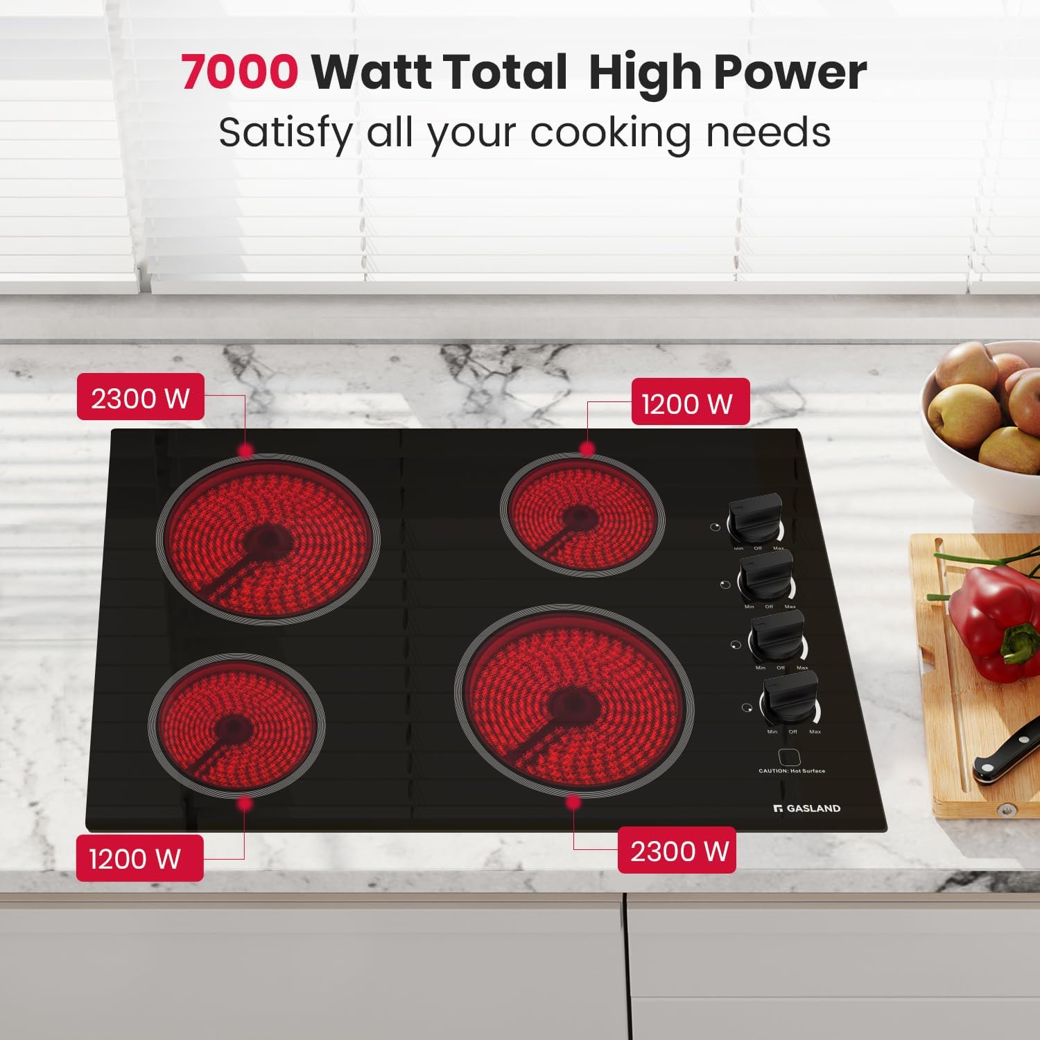 GASLAND Electric Cooktop 30 Inch, Pro CH77BS 7000W Built-in Ceramic Radiant Stovetop with 4 Burners, ETL Approved, Knob Control, Hot Surface Indicator, Child Safety Lock, 240V