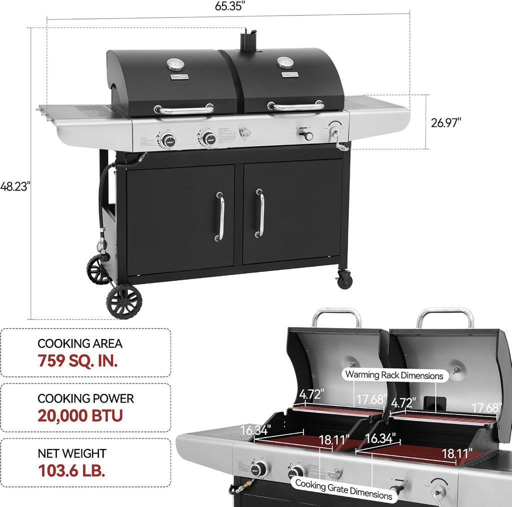 Royal Gourmet ZH3002C Propane Gas and Charcoal Grill Combo with Cover, Dual Fuel Outdoor BBQ Grill with 2 Side Shelves for Patio Garden Picnic Backyard Cooking, 20,000 BTUs, Black