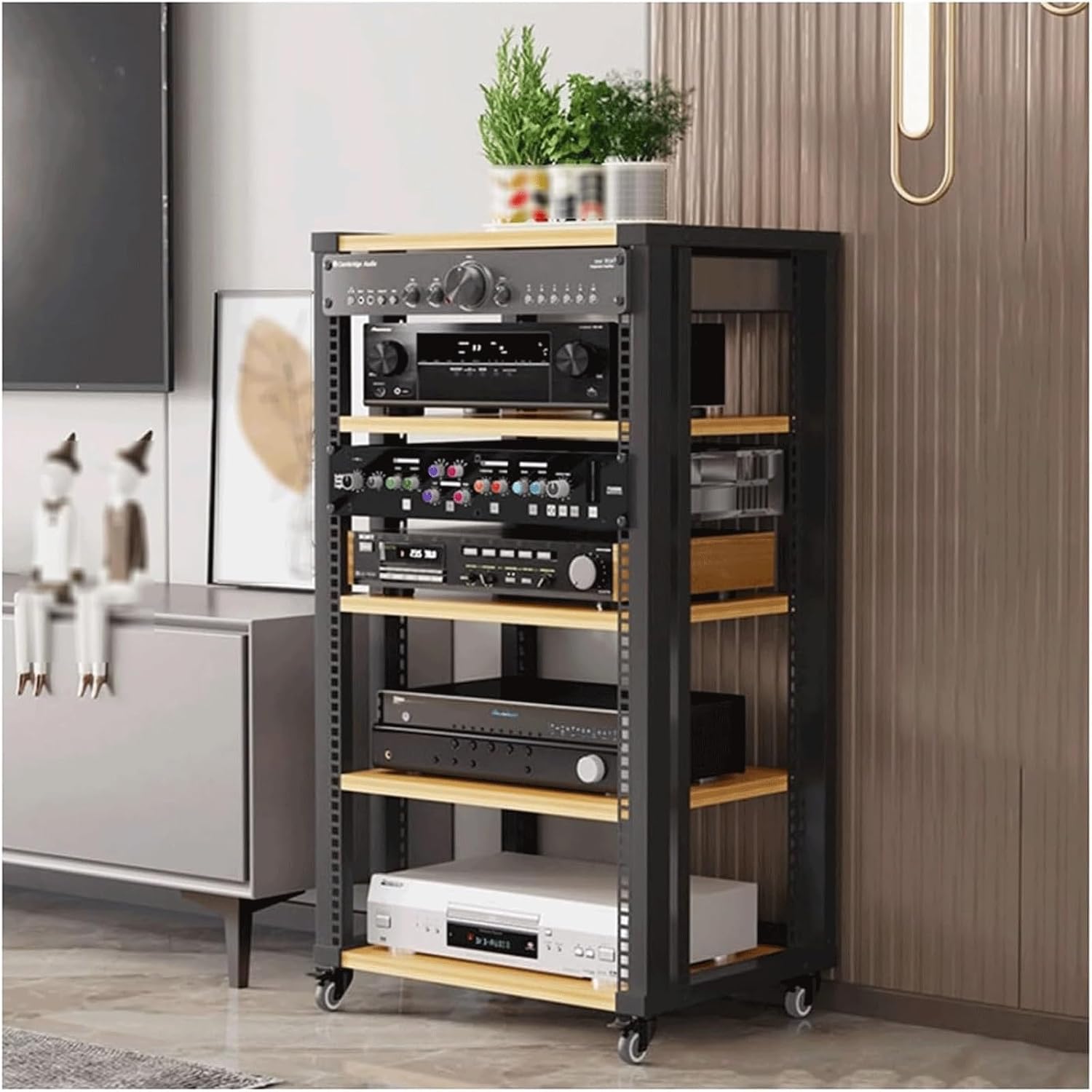 Audio Rack Stereo Rack Wooden Audio Equipment Rack Audio with Wheels Rack Cabinet HiFi Rack with Adjustable Shelves Stereo Shelf(Wood,5 Tier)