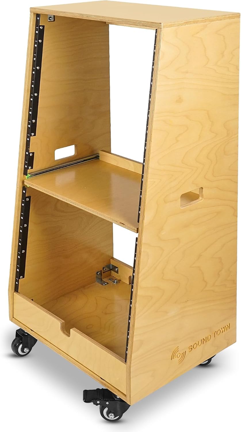 Sound Town DIY Slanted 20U Studio Rack (12U Top + 8U Lower), with 2U Bottom Storage, Slide-Out Tray, Caster, Plywood, Golden Oak for Recording Room, Home Studio (SDRK-ST20T)