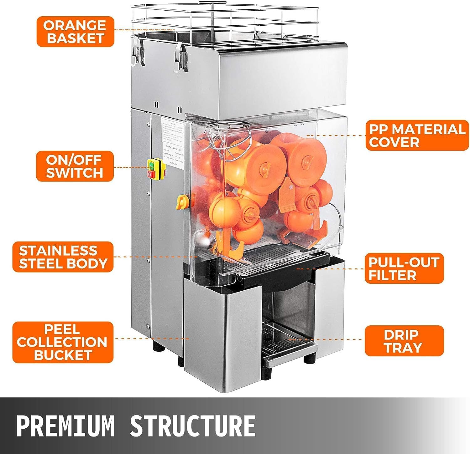 Commercial Juicer Machine, Oranges Juice Machine with Pull-Out Filter Box Commercial Orange Juicer 22-30 Oranges Per Minute, 110V Juice Extractor, 120W Orange Squeezer (E4)