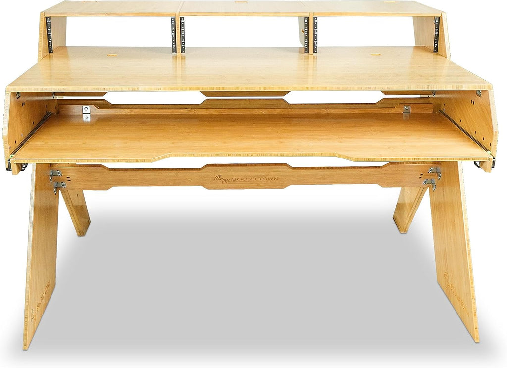 Sound Town Studio Workstation Desk with 3 x 3U Rack Bays, Adjustable Top Shelf, Slide-Out Controller Keyboard Tray, Solid Carbonized Bamboo (SDRK-PF60CB)