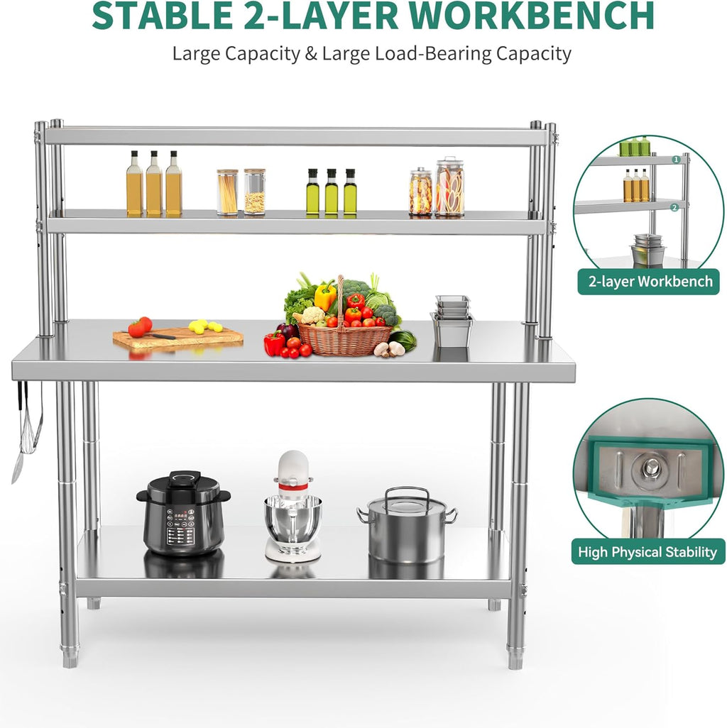 YITAHOME NSF Stainless Steel Table with Overshelves, 48' X 24' Work Table with 48' X 12' Shelf, Metal Table Prep Table for Home Kitchen Restaurant Garage Warehouse