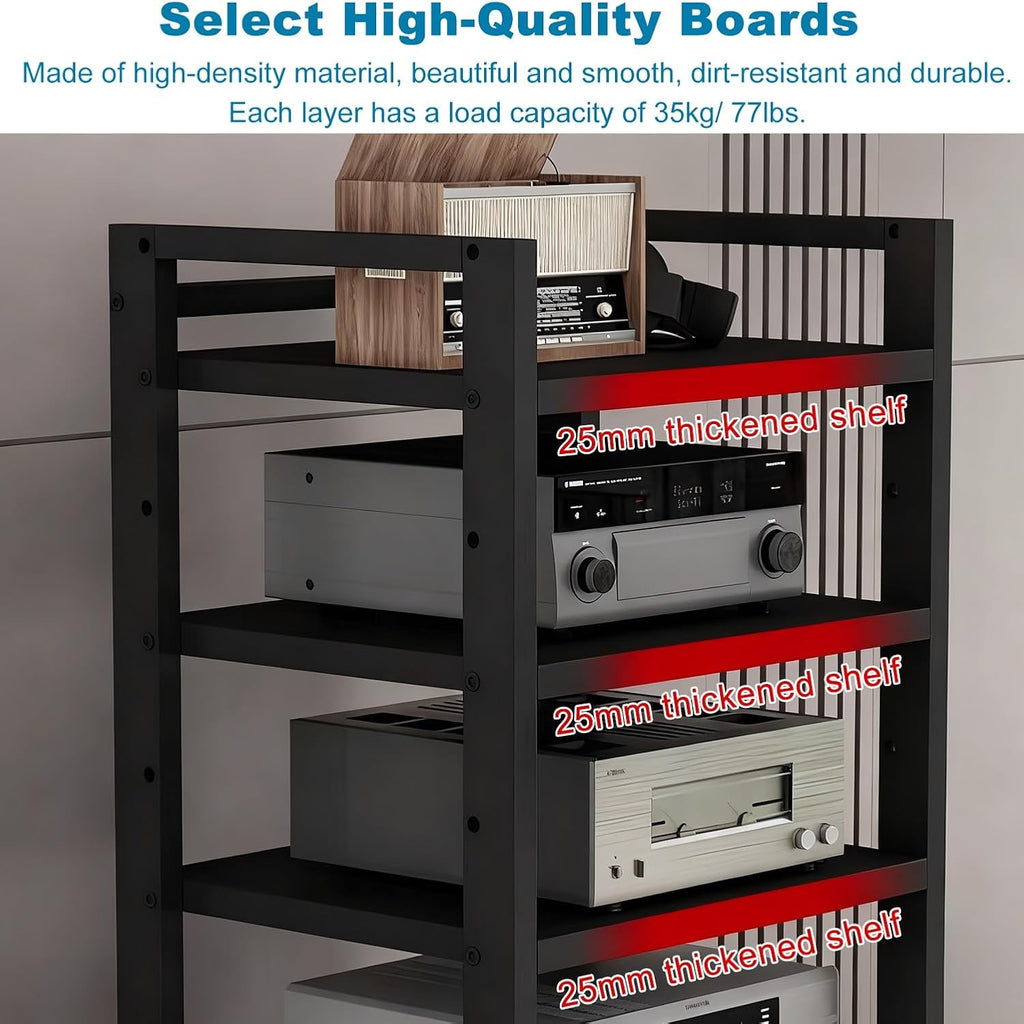 6 Tier Audio Rack Tower, Heavy-Duty AV Media Stand, Adjustable Shelves, Media Storage Cabinet for Amplifier, Record Players, Audio-Visual Equipment(Black)