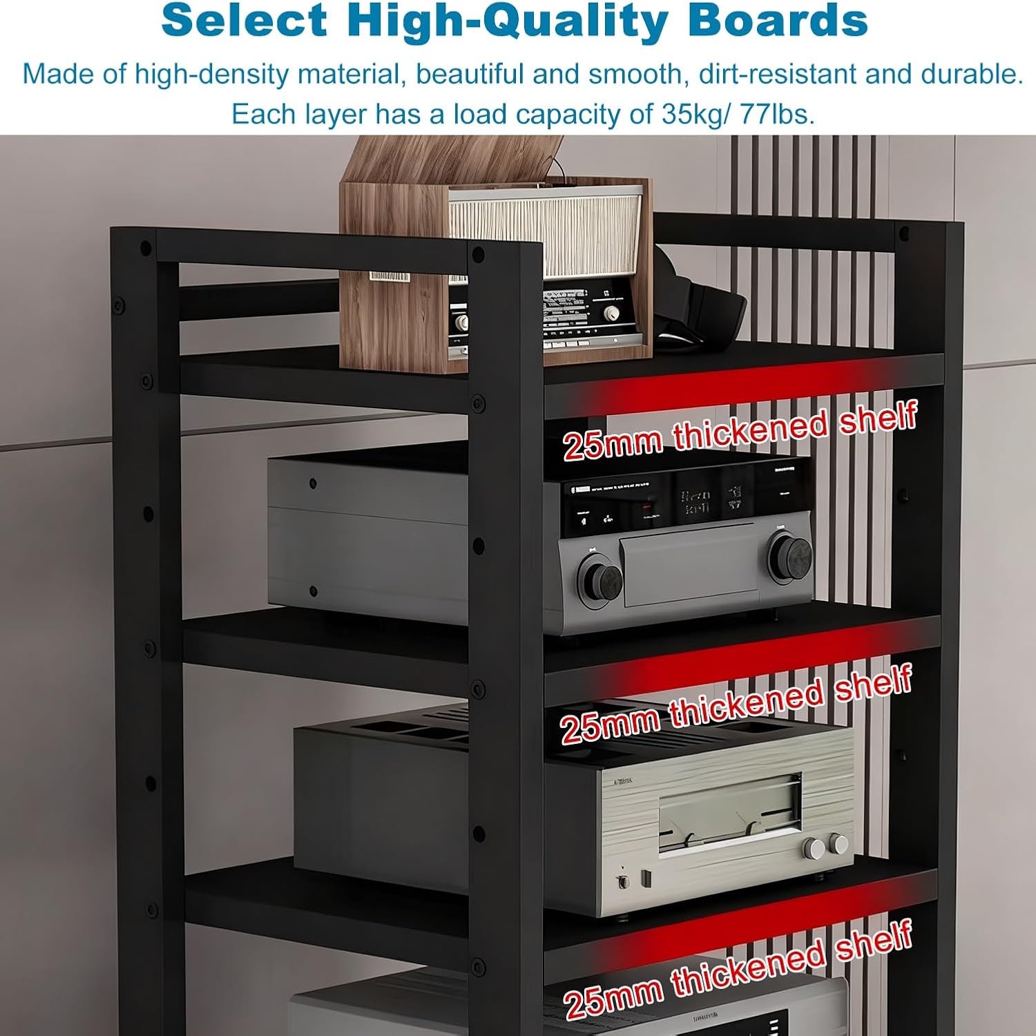6 Tier Audio Rack Tower, Heavy-Duty AV Media Stand, Adjustable Shelves, Media Storage Cabinet for Amplifier, Record Players, Audio-Visual Equipment(Black)