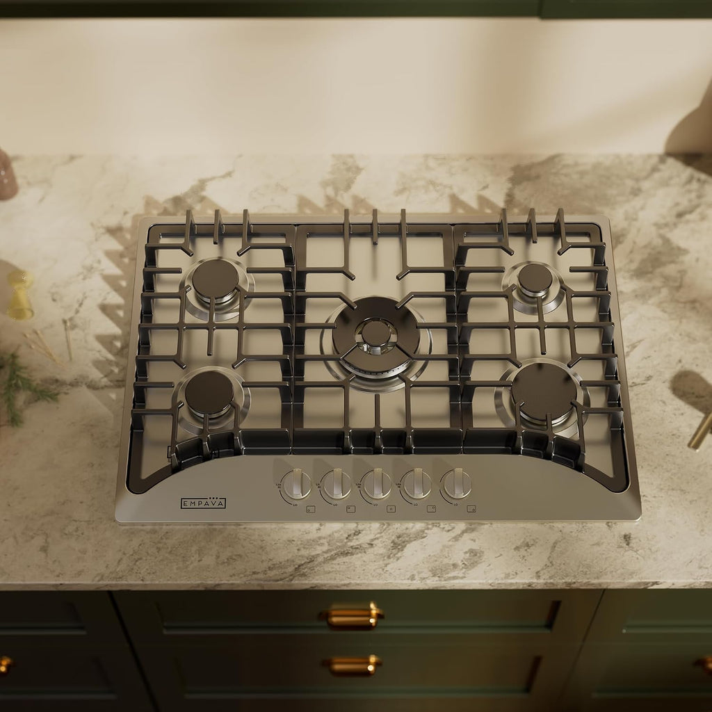 Empava Cooktop Gas 30 Inch, 5 Made in Italy SABAF Stove Burner, LPG/NG Dual Fuel Convertible, Stainless Steel, Ideal for Kitchens and RVs