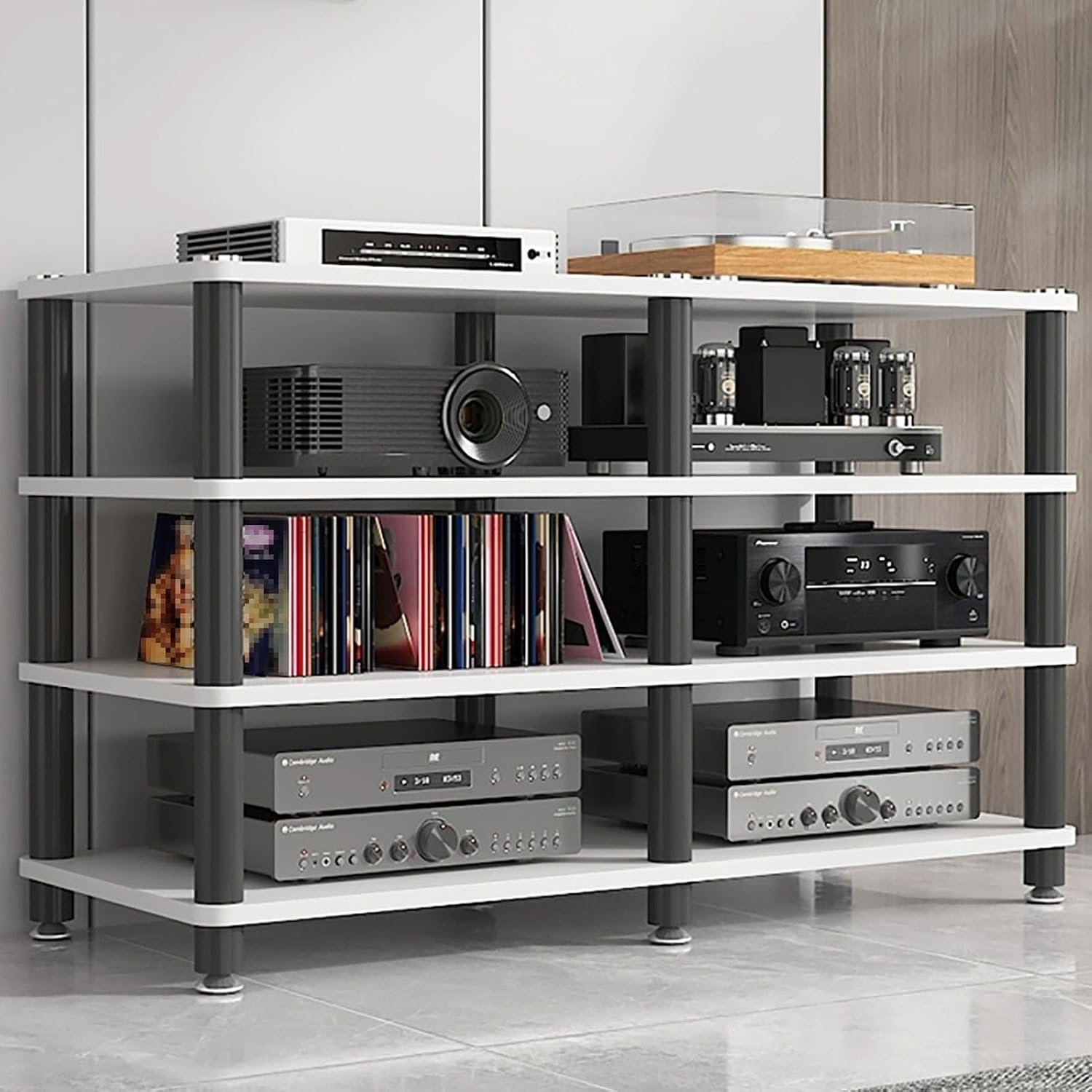 AV Media Stand, Audio Rack Corner Component Cabinet, Open Storage Shelf, Power Amplifier Shelf Equipment, TV Printer Storage Stand, for Home, Office(White,4 Tier 70CM27.5in)