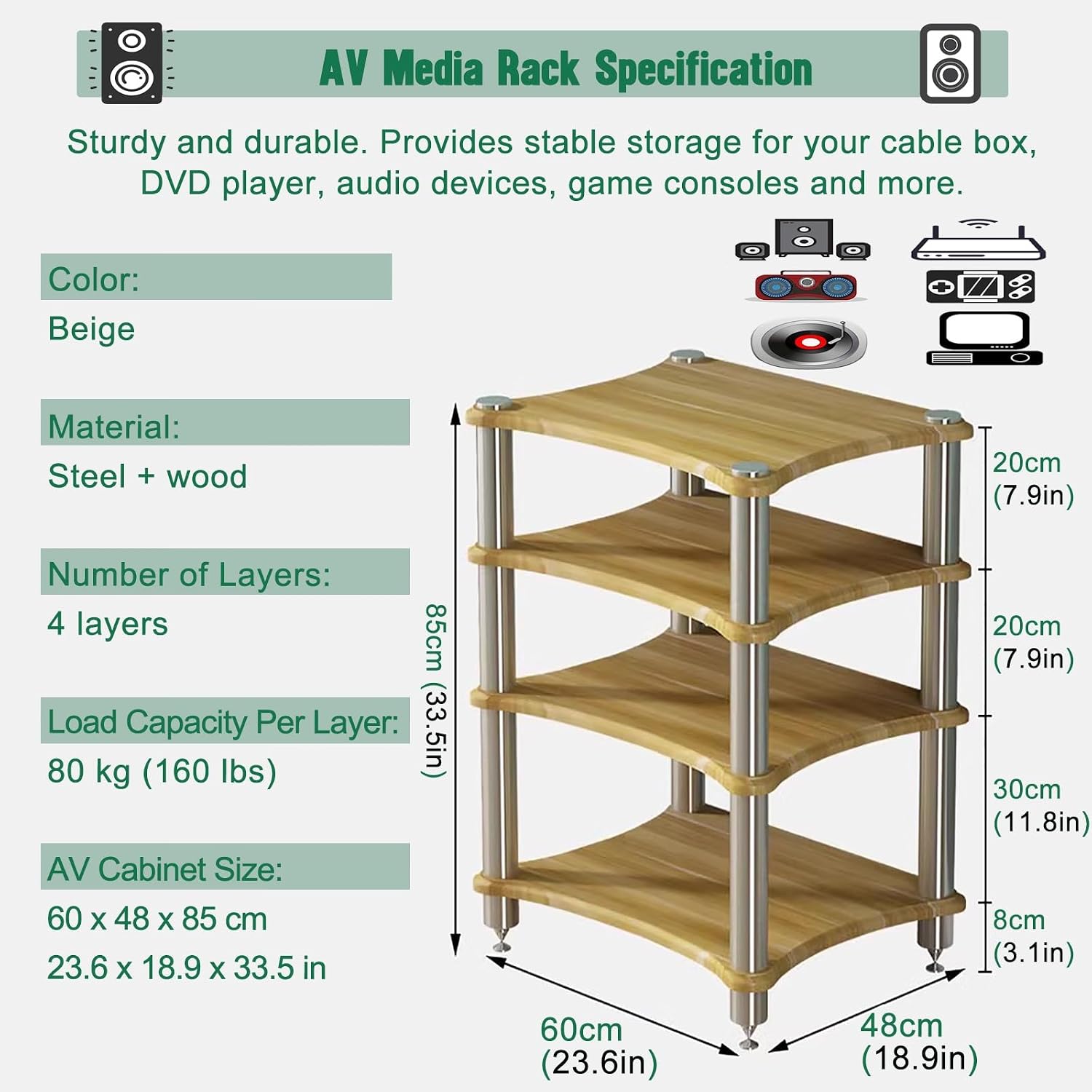 Small Space Media Stereo Shelf, 1 2 3 4 Tier Audio Racks Equipment Cabinets, Entertainment Stereo Components for Kitchen Living Room Bedroom(Beige,60x48x85cm)