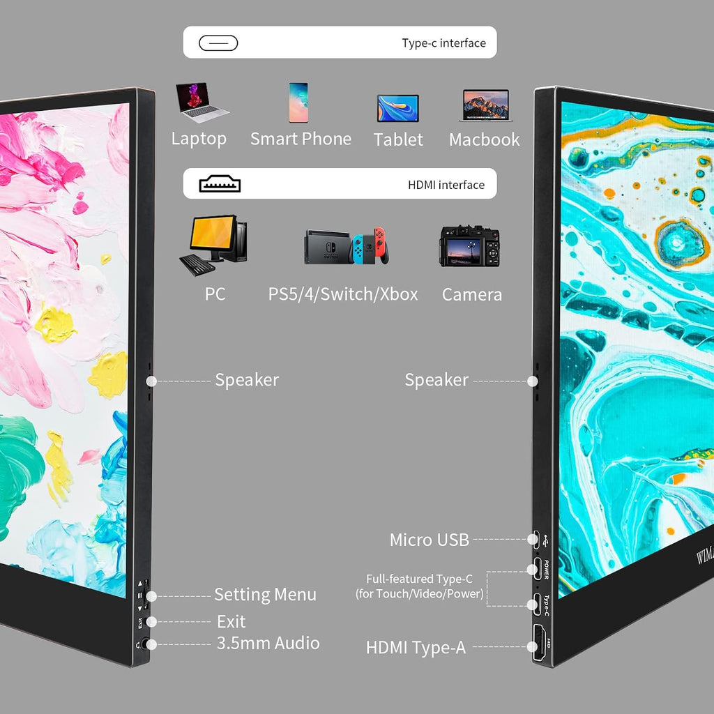 WIMAXIT 15.6 Inch Portable Touch Monitor with Dual Speakers, Full HD 1920 x 1080, VESA 75 mm, HDMI/USB-C Connection, Ideal for Laptops, Xbox and Smartphones