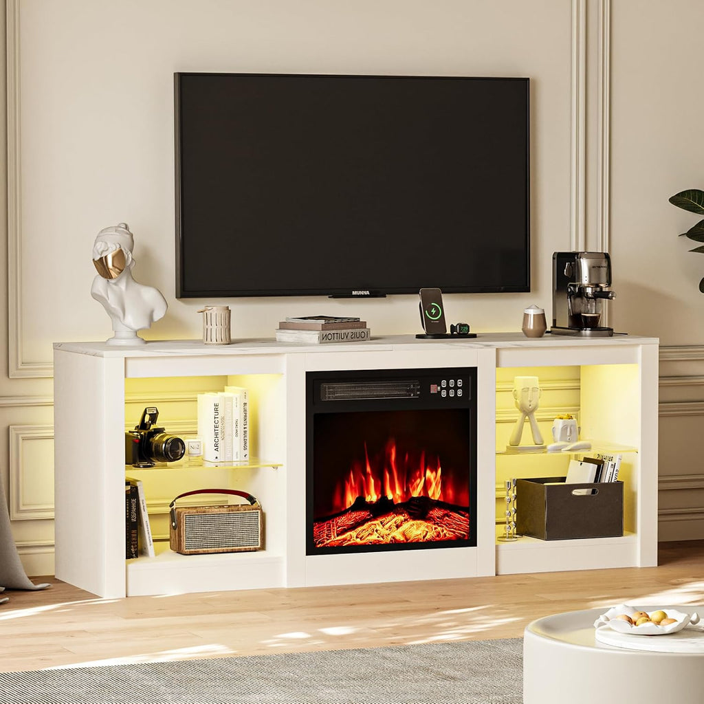 EAG Fireplace TV Stand for 65' TV, TV Stand with 18' Electric Fireplace, Entertainment Center with Glass Shelves, LED Lights and Power Outlets, Media TV Console for Living Room, White