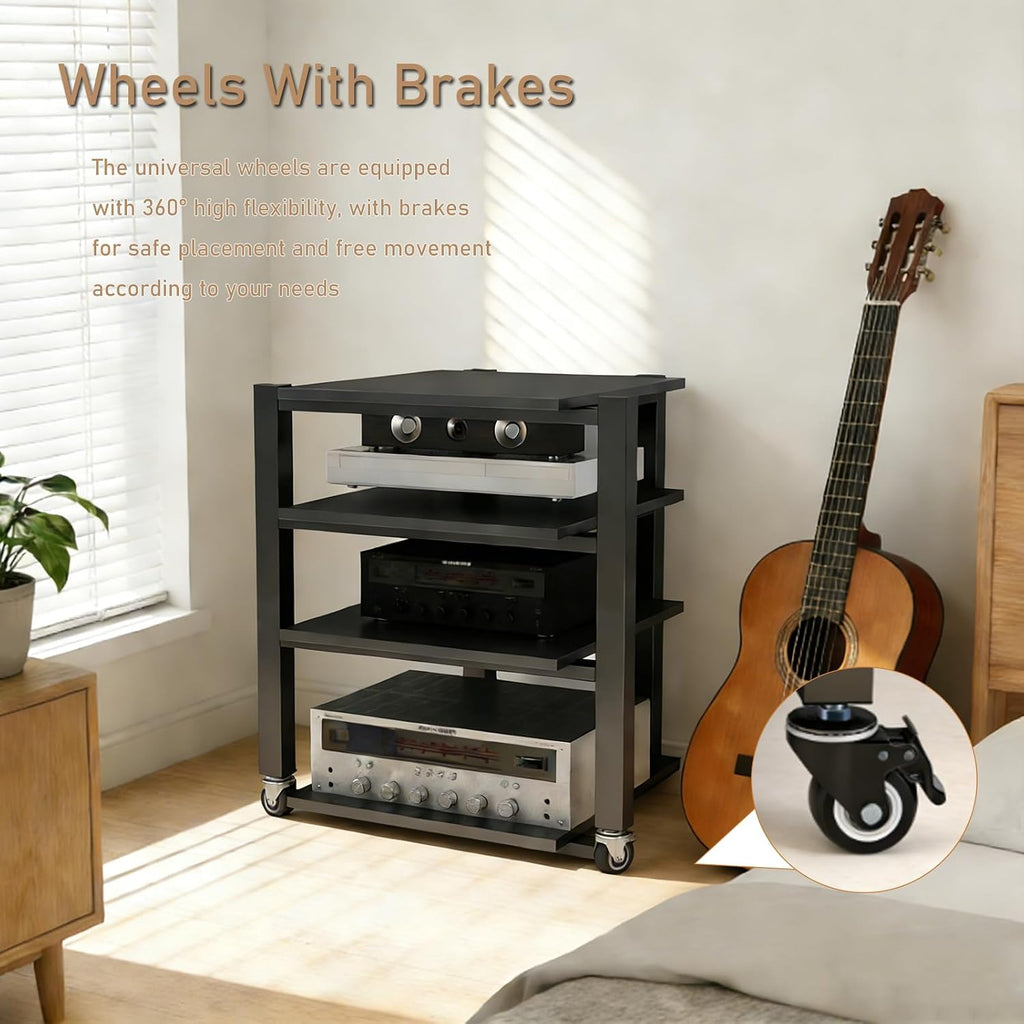 Heavy Duty Audio Component Rack, Wheels with 360° Brakes Av Media Stand, Black Cd Stereo Equipment Cabinet, Suitable for Home,Office/Audio Video/Theate(Black, 4 Tier)