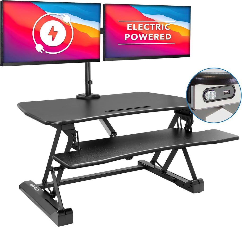 Mount-It! Electric Standing Desk Converter with Dual Monitor Arms for 2 Screens (Max 32'), Large 35.4' Wide Desktop, Motorized Stand Up Desk Riser, Keyboard Tray, USB, Black Stand up Desk Convertor