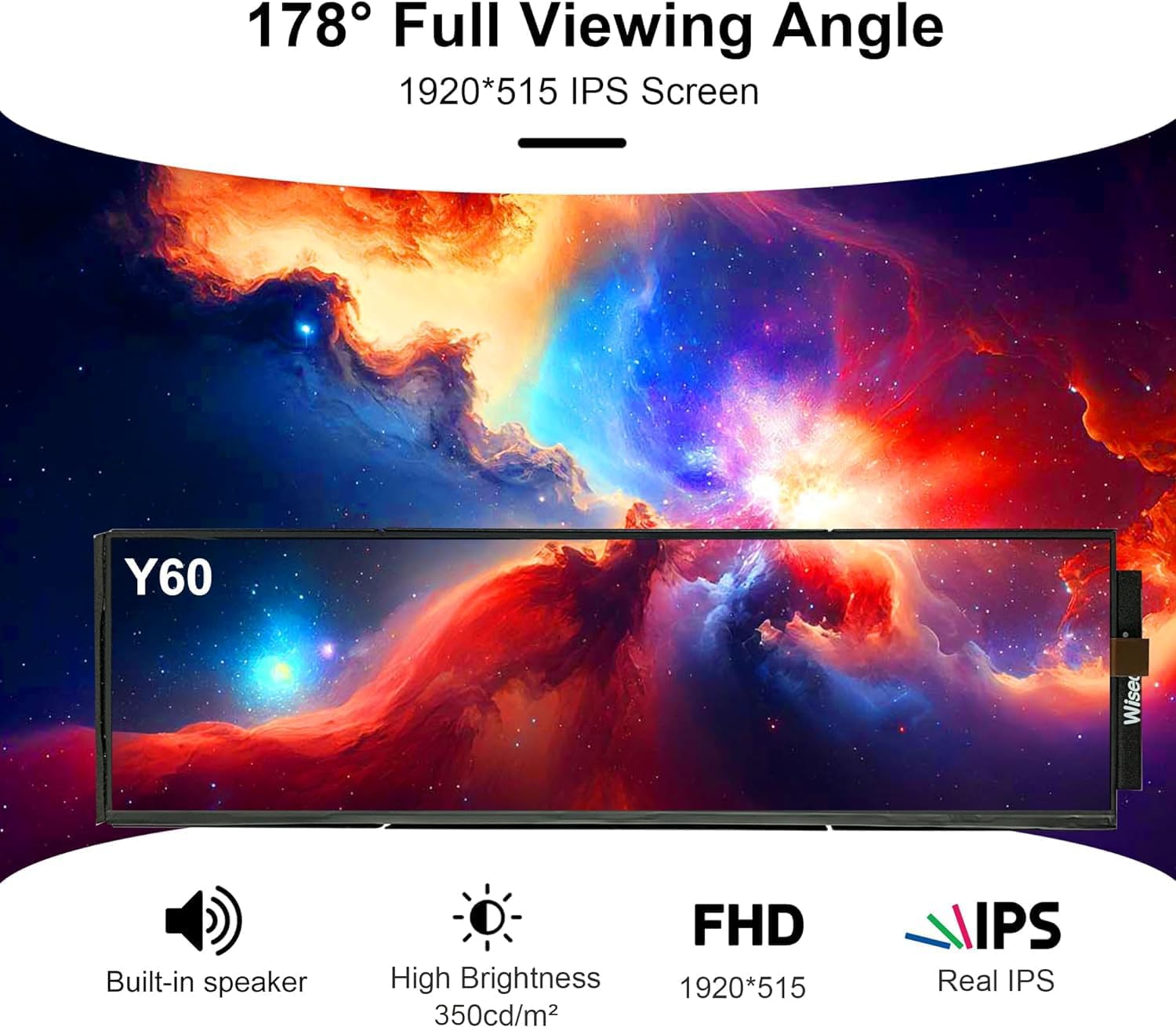 wisecoco 12.6 Inch Bar LCD Screen HDMI Display Monitor 1920x515 IPS DIY Kits Dual Built-in Speakers for Hyte Y60 Computer Gaming PC Case CPU GPU Secondary Monitor Easy Install Black